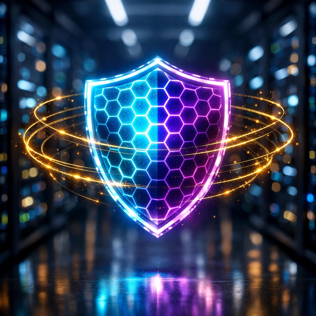 Digitaler Schutzschild symbolisiert Compliance und Sicherheit unter dem EU AI Act für Unternehmen.