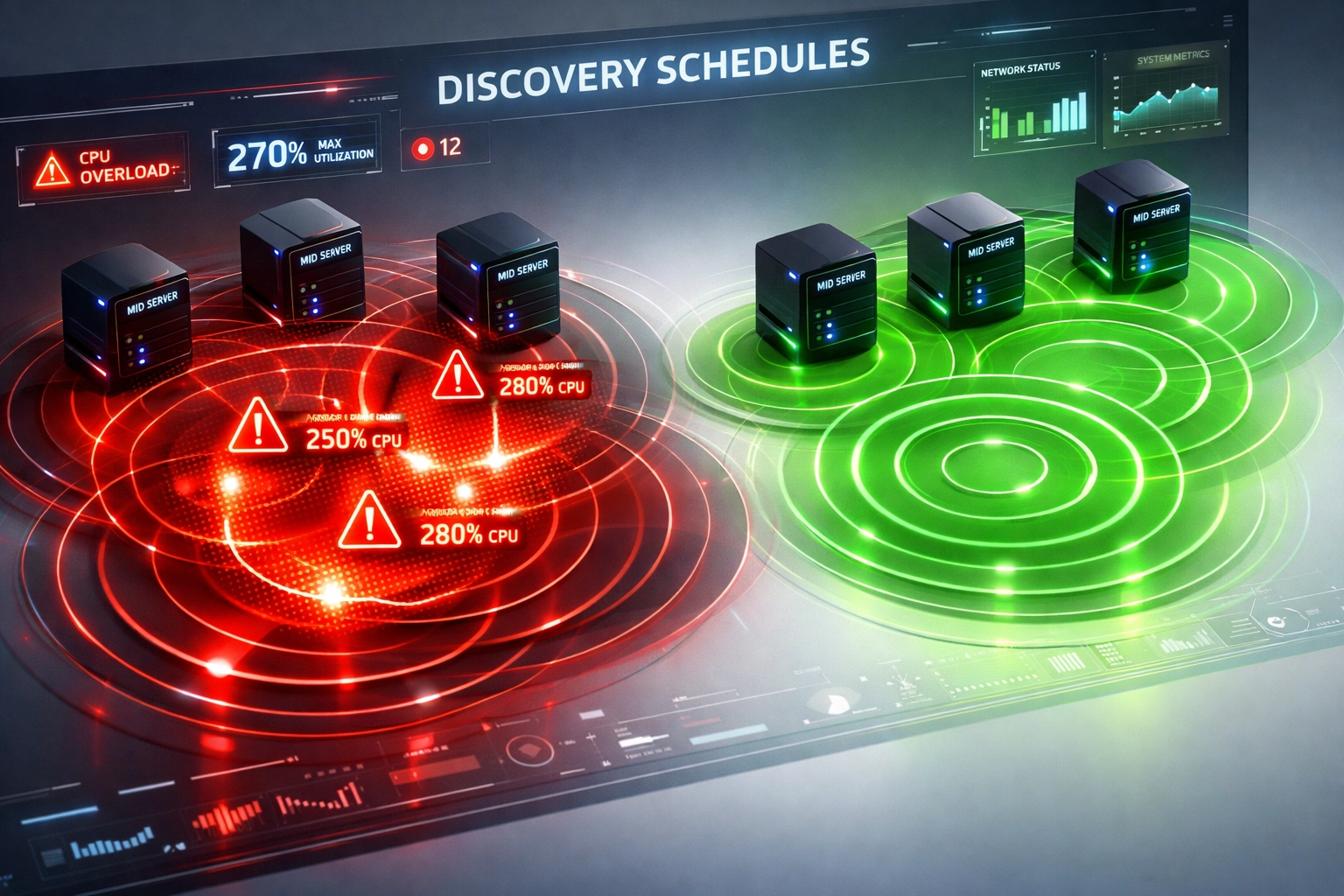 ServiceNow Discovery scheduling dashboard showing optimized versus overlapping MID server processes