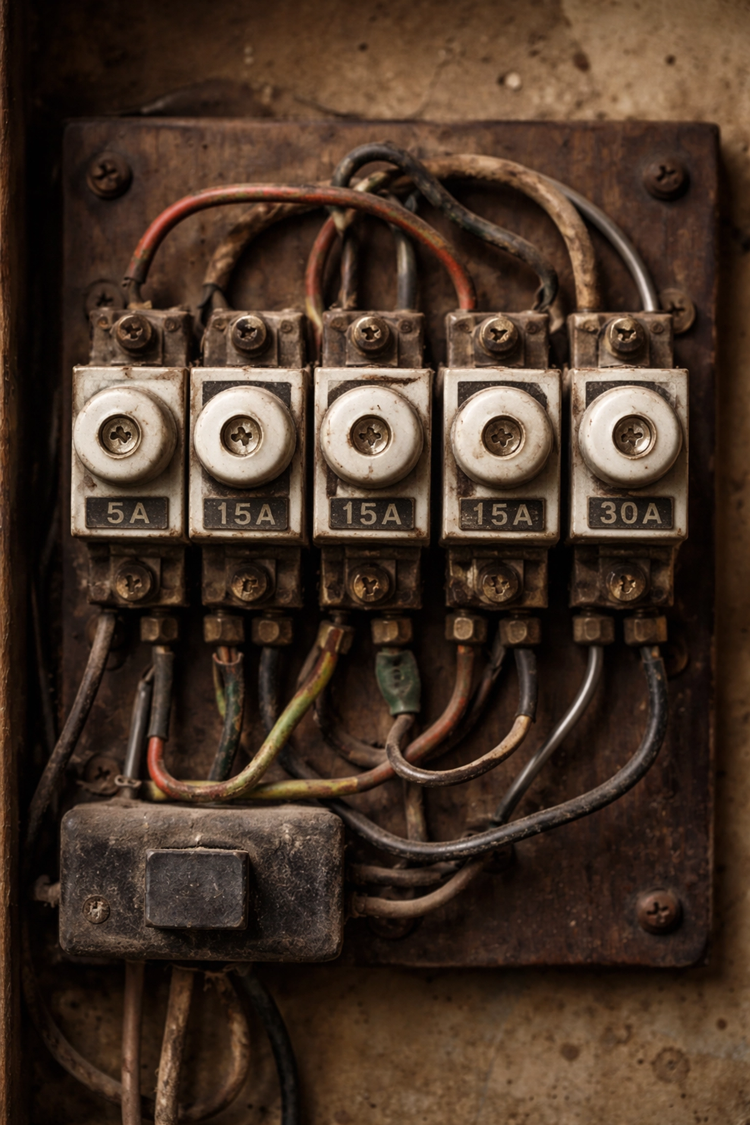 Old rewireable fuse box showing signs of age and outdated electrical safety features