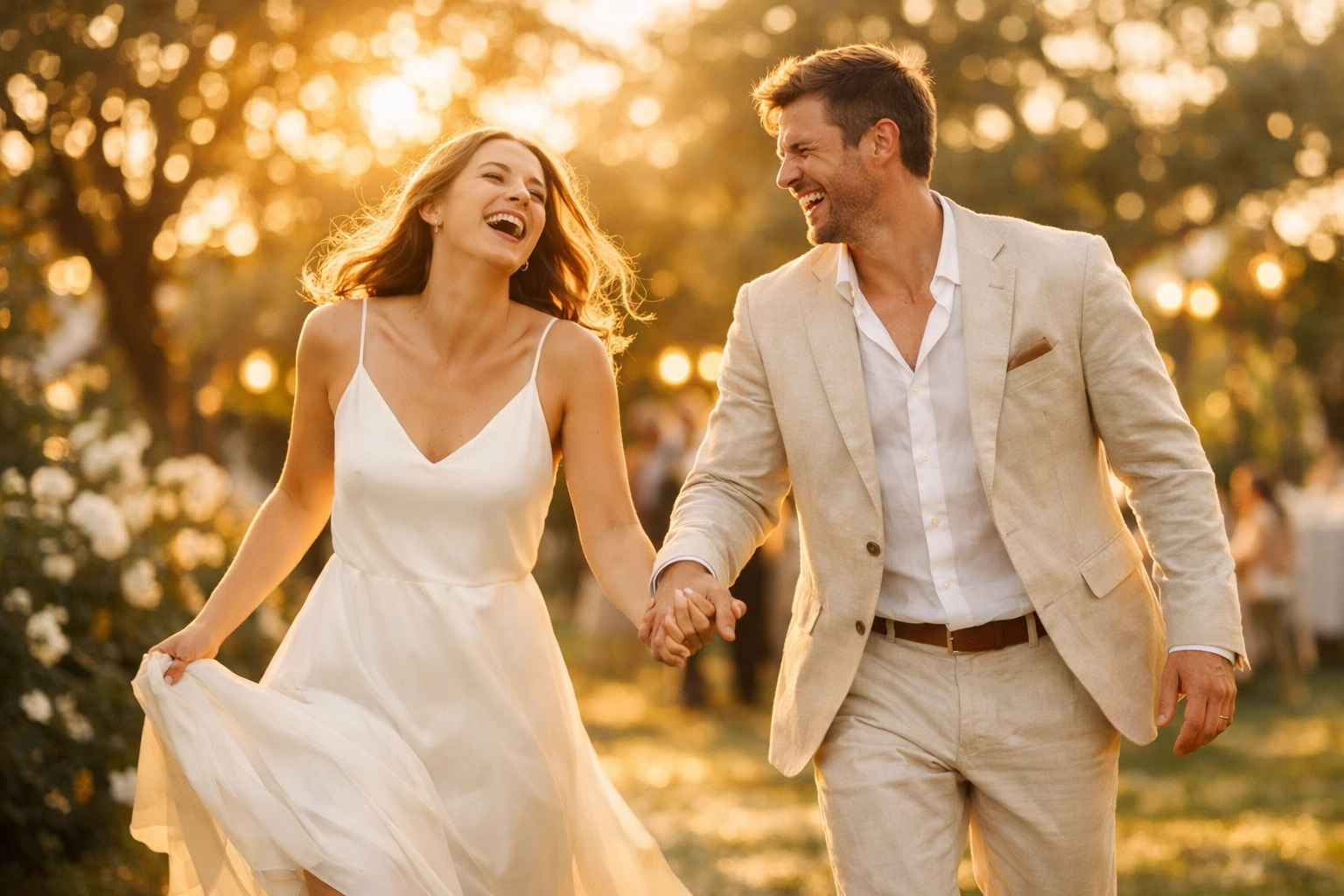 Joyful bride and groom celebrating a debt-free wedding in a sunlit outdoor garden.