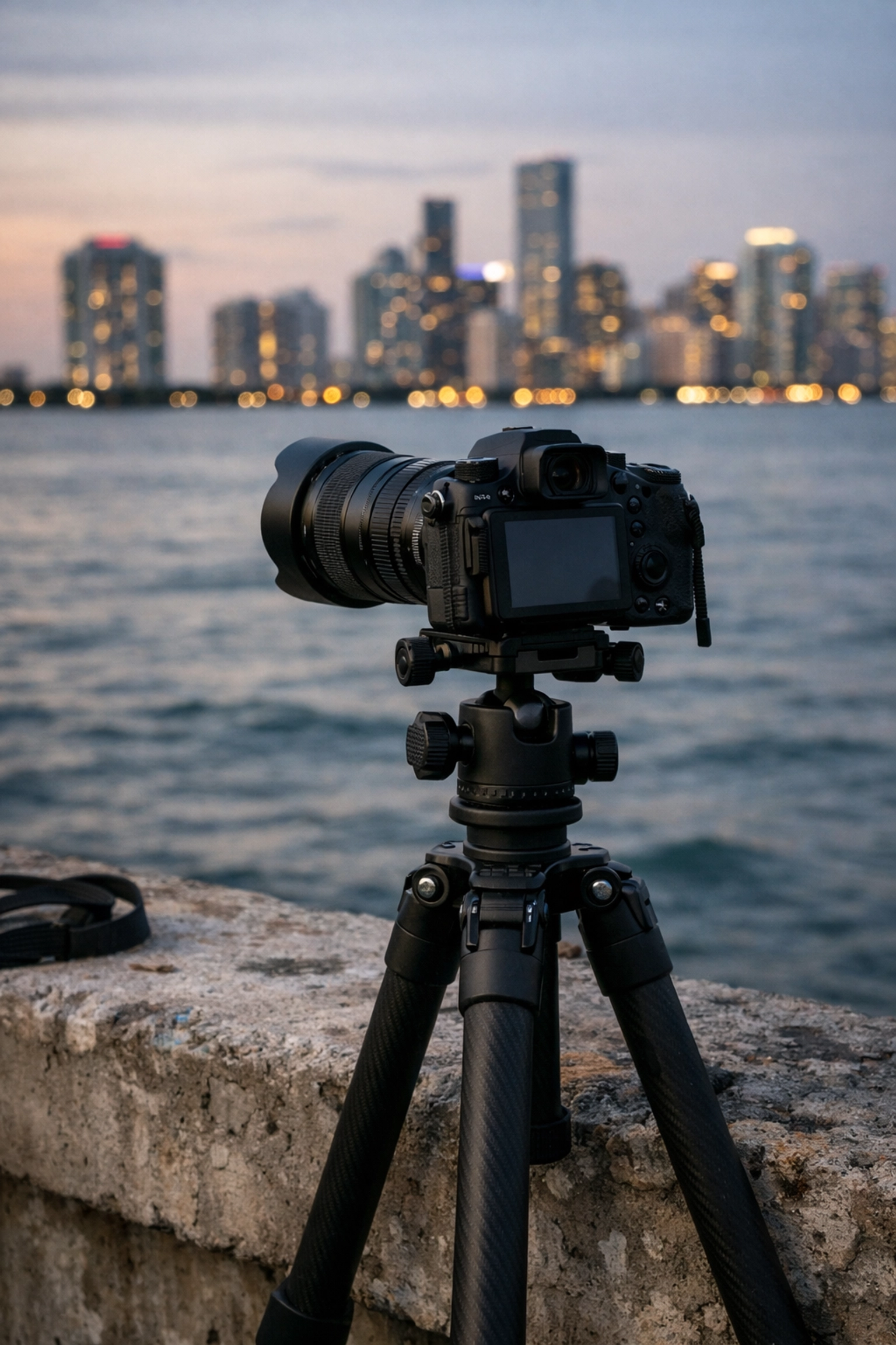 Professional camera setup on a tripod overlooking the Miami skyline at twilight for night photography.