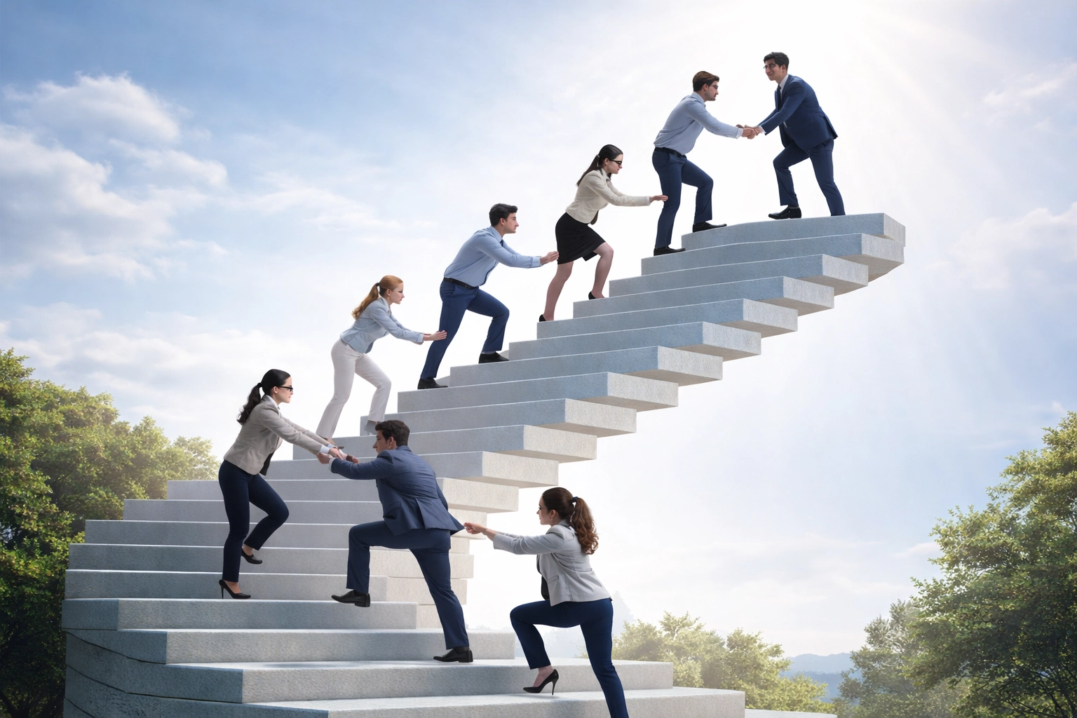Diverse professionals supporting each other while climbing a spiraling staircase, symbolizing continuous growth in people management training.