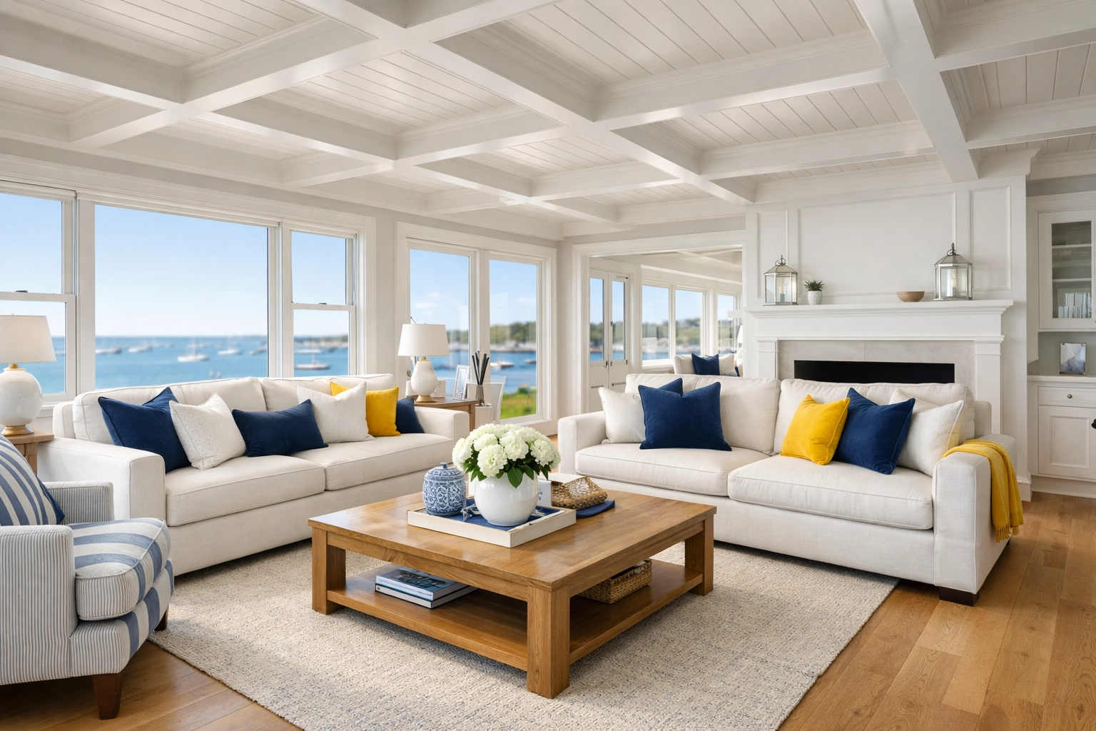 Sunlit coastal living room in Marblehead perfectly maintained with weekly house cleaning services.