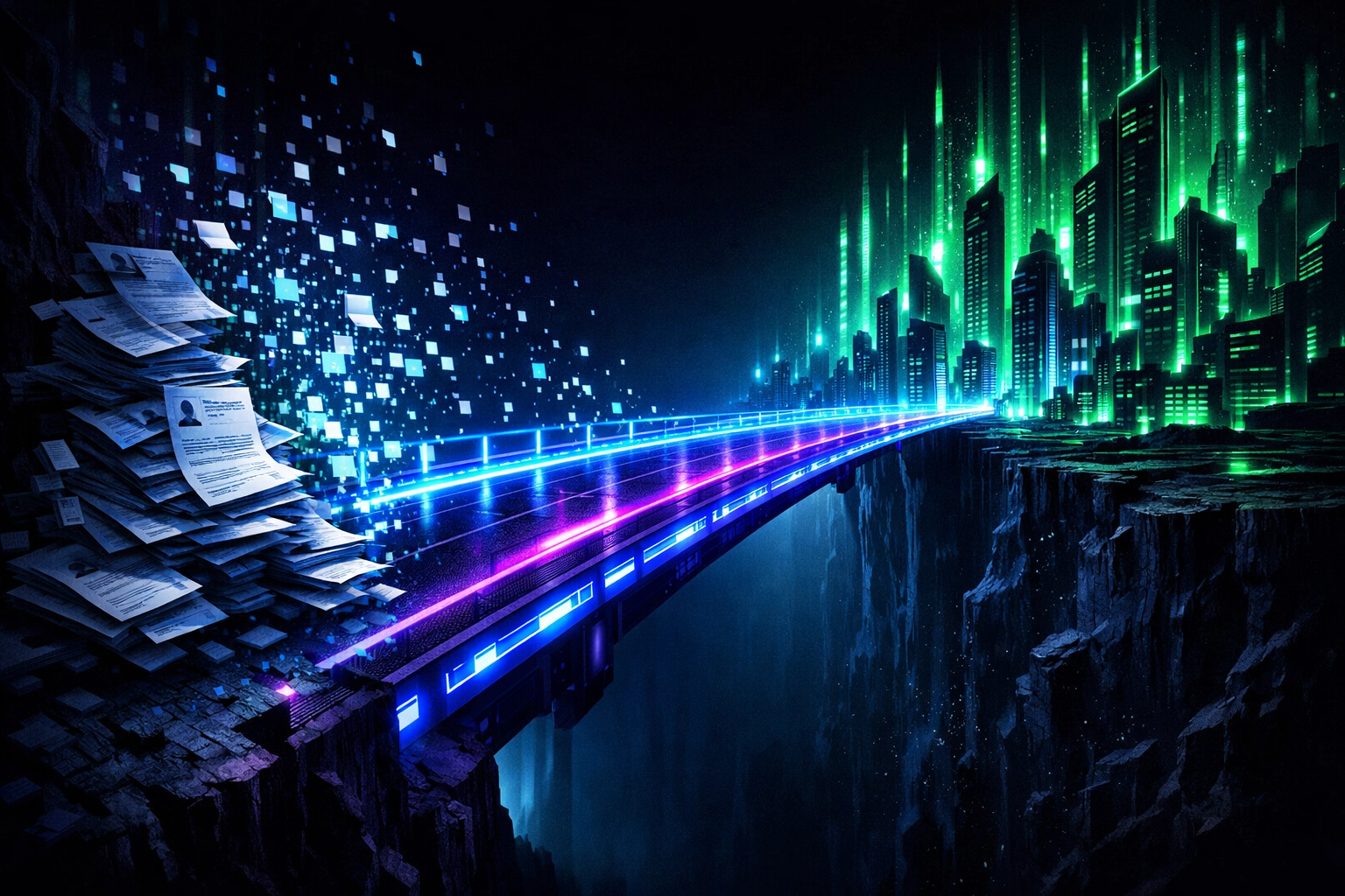 Digital bridge connecting student resumes to professional careers using AI assessment technology.