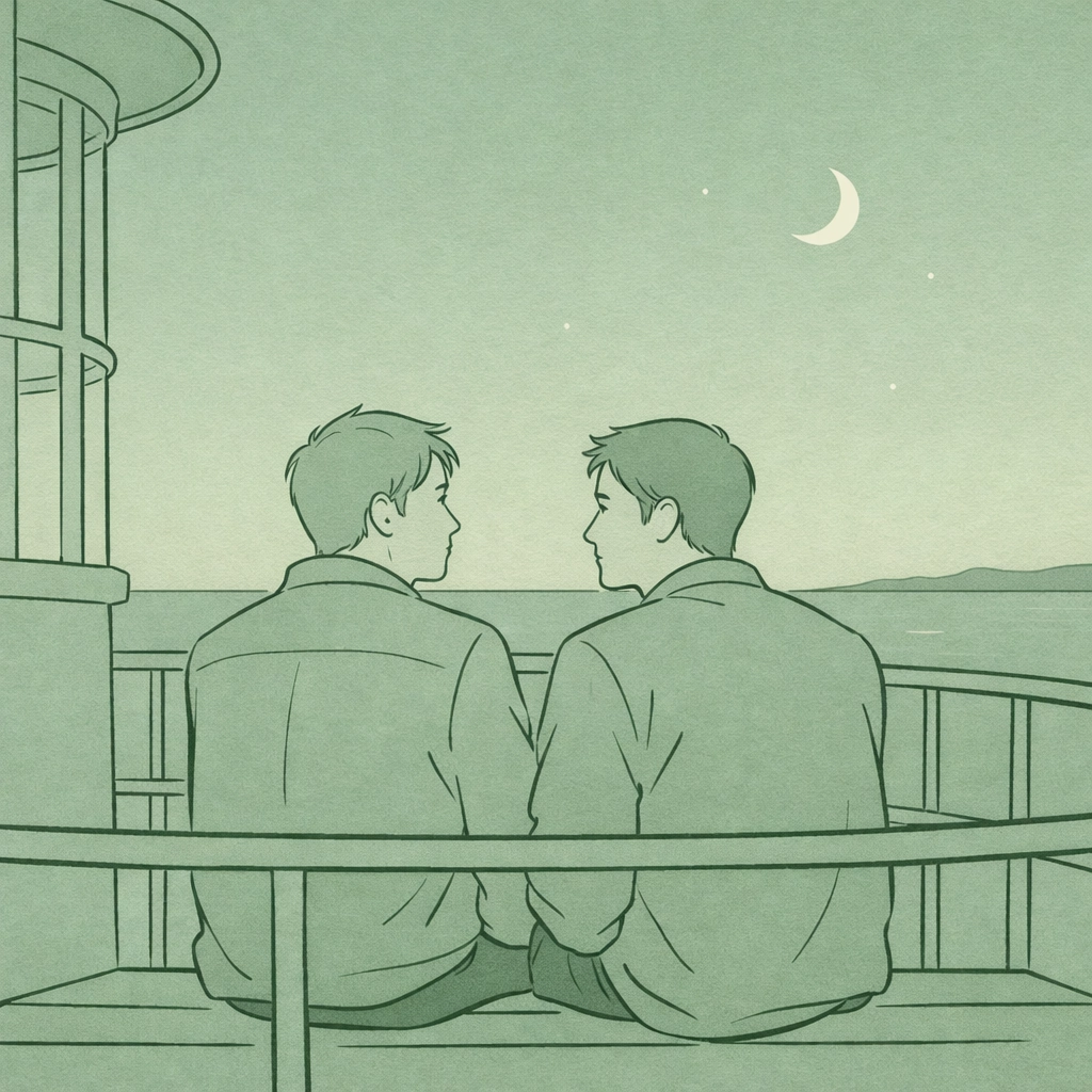 Two men at lighthouse observation deck in literary MM romance exploring first desire