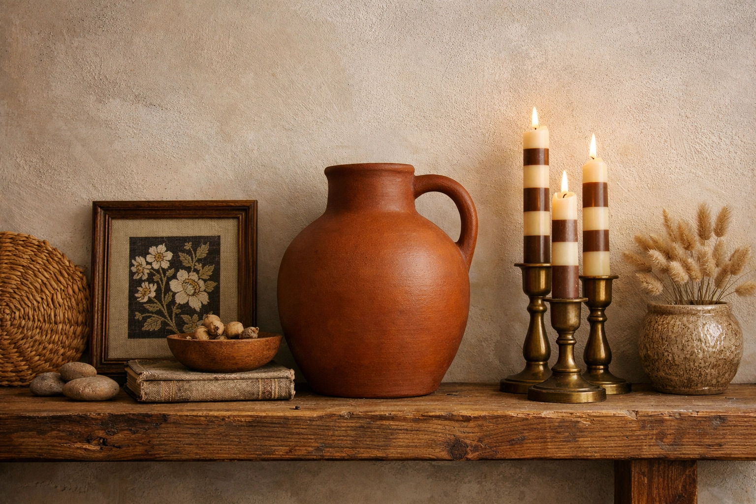 Styled mantel with artisan terracotta jug and striped candles showing balanced patterns in handcrafted decor.