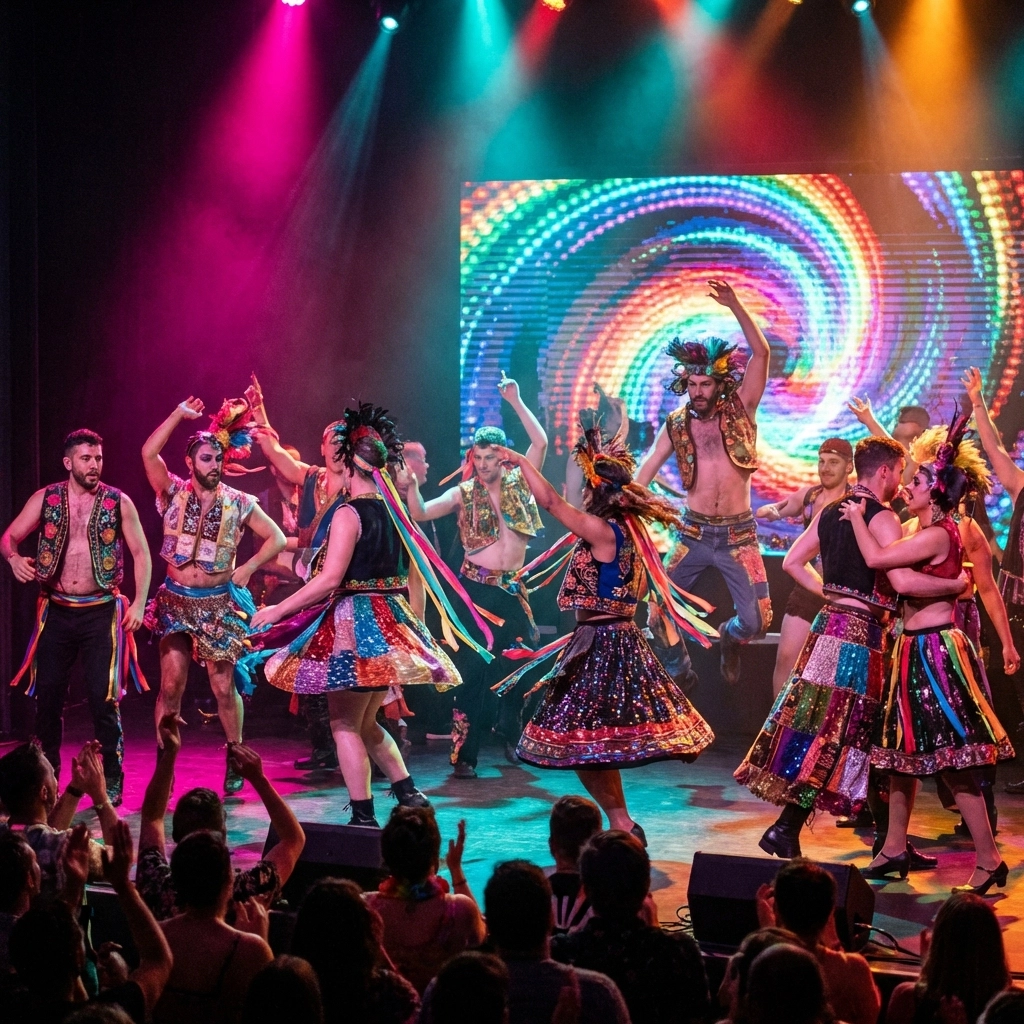 Queer performers in folkloric drag costumes celebrating LGBTQ+ culture through dance