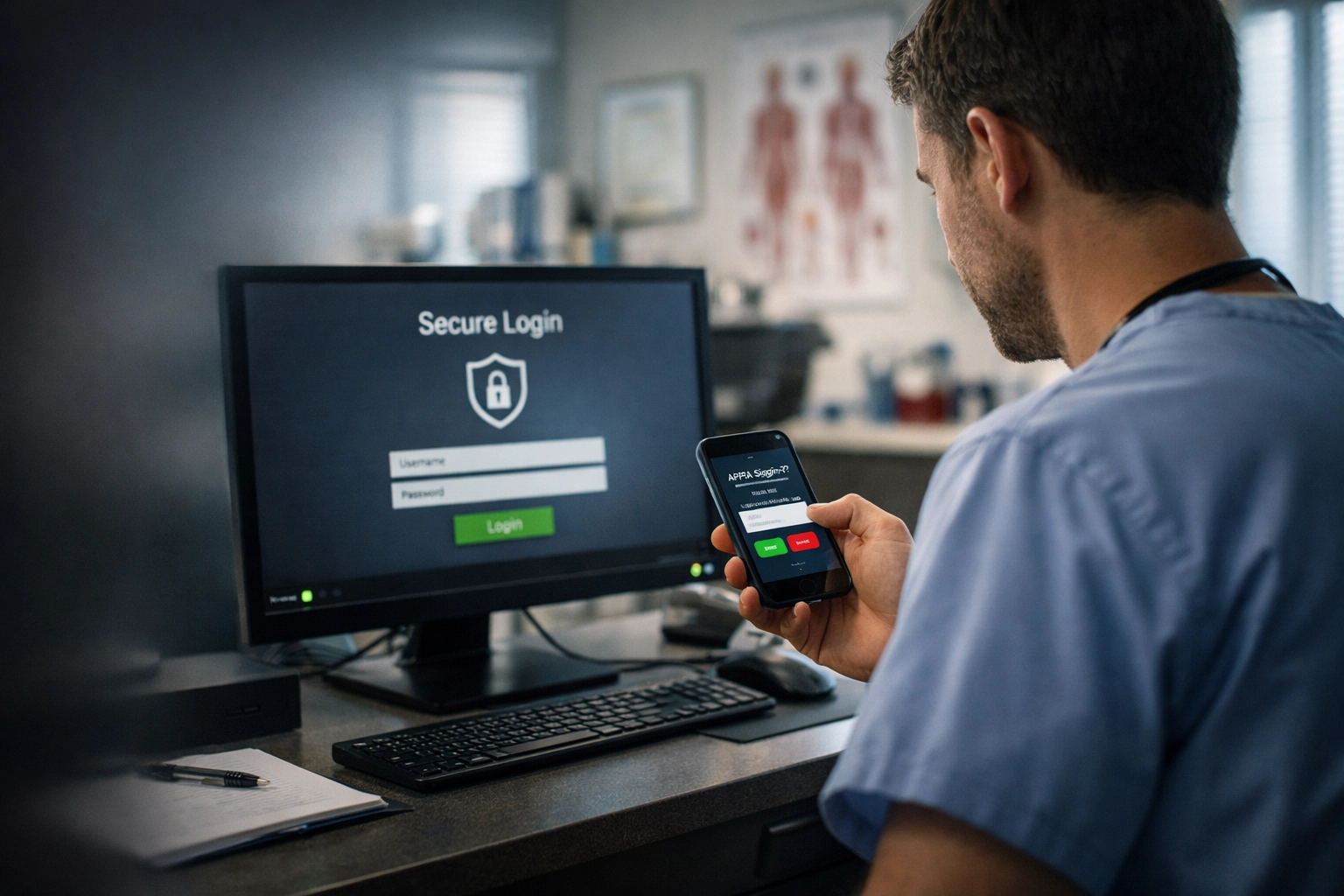 Healthcare professional in Manhattan, KS using multi-factor authentication to secure office device access.