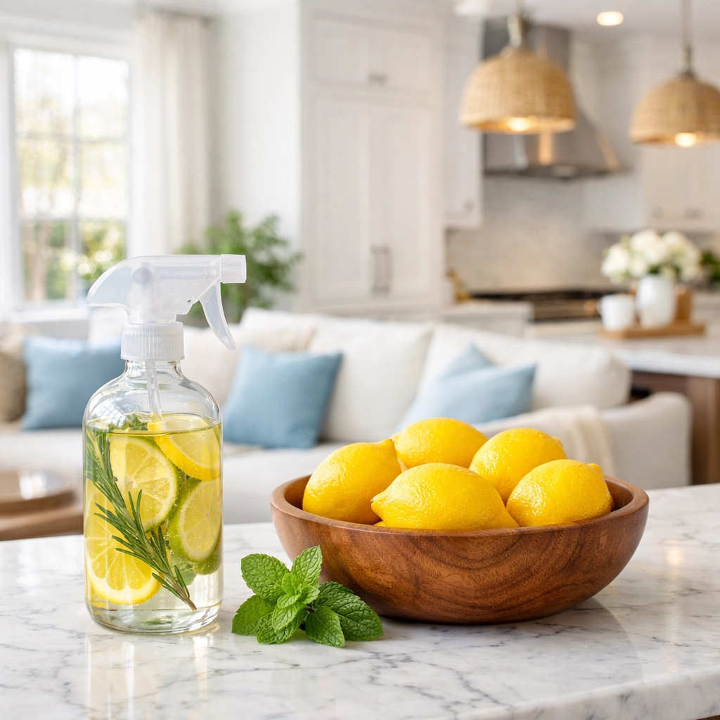 Natural citrus cleaner in a Framingham kitchen showcasing eco-friendly house cleaning MA techniques.