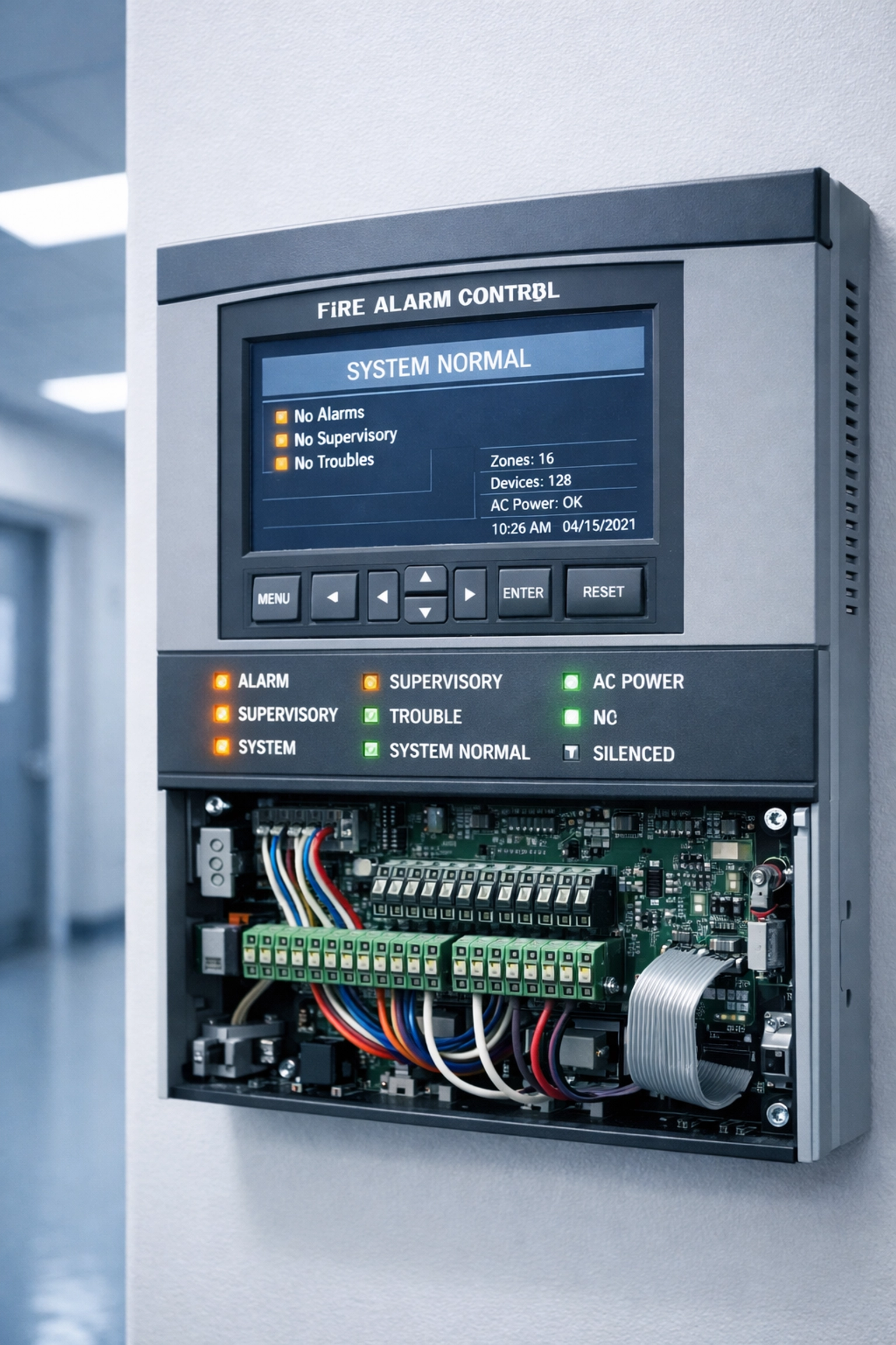Fire alarm control panel with digital display meeting NFPA 72 requirements