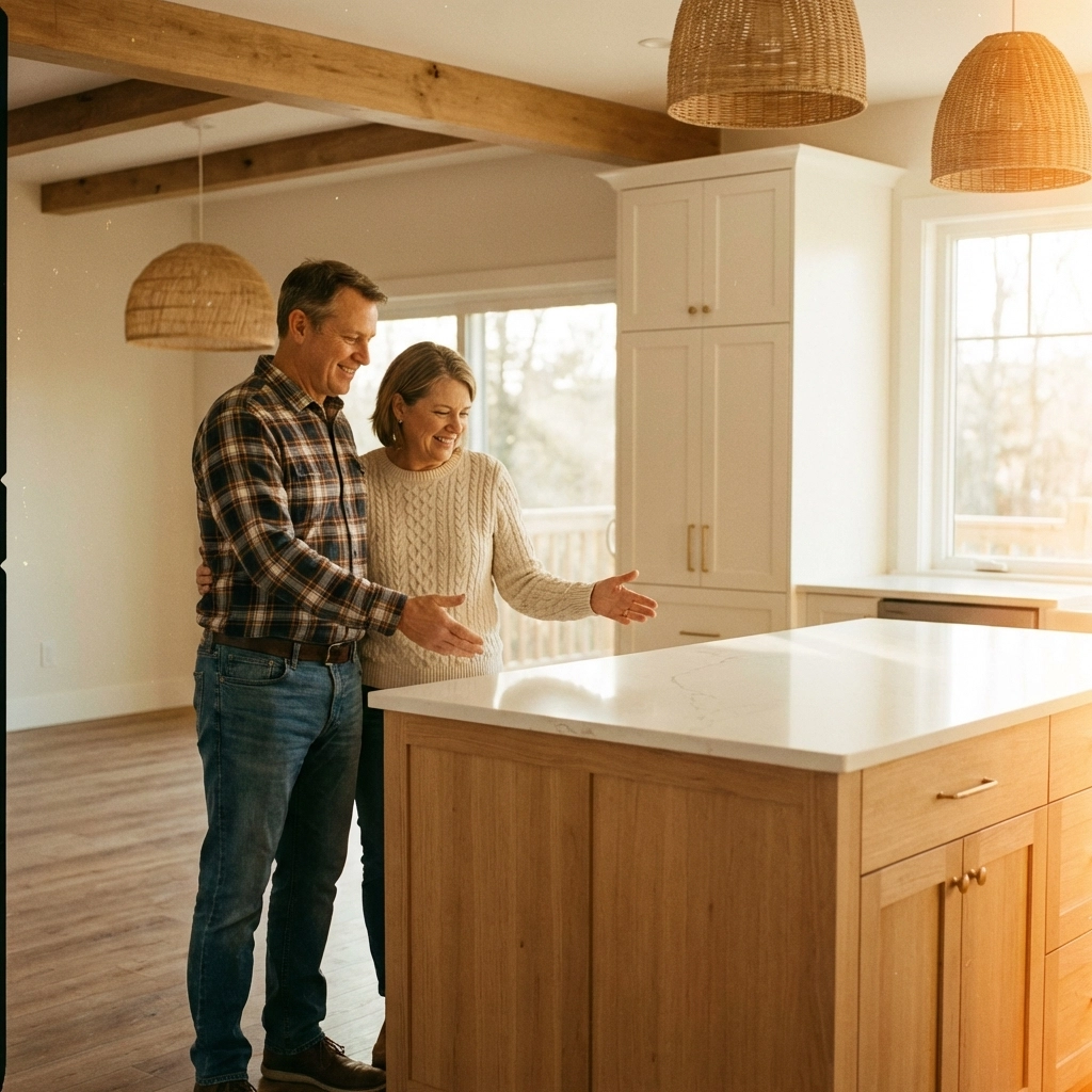 Happy homeowners standing in their newly renovated kitchen, representing client success stories for renovation contractor marketing.