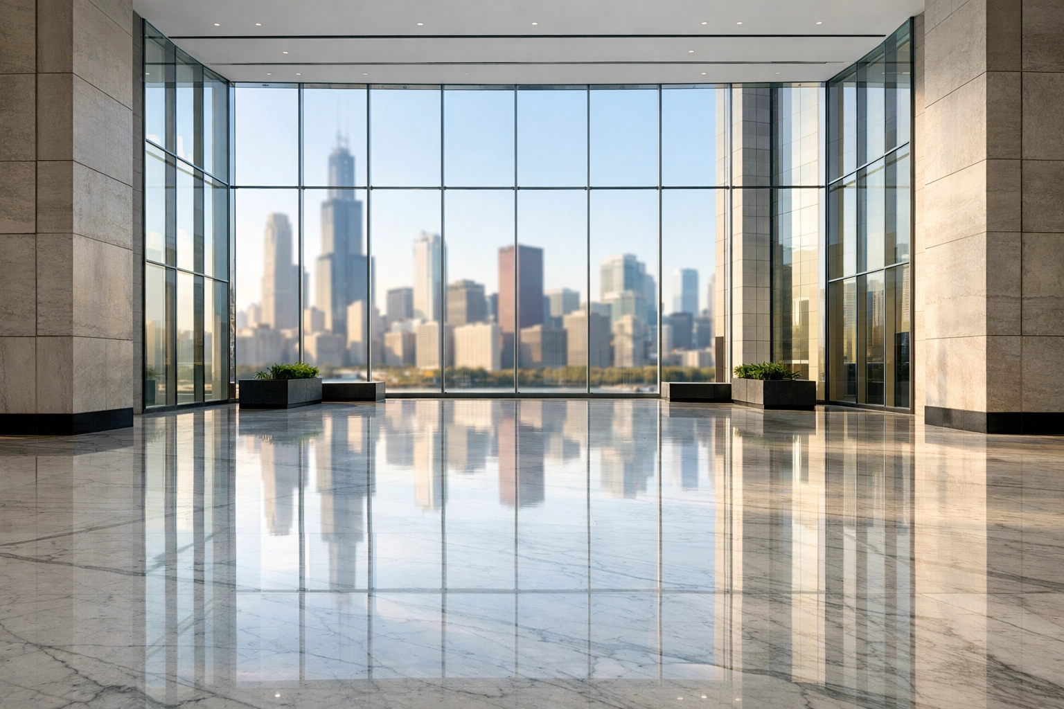 Clean commercial lobby in Chicago with polished marble floors and city skyline view.