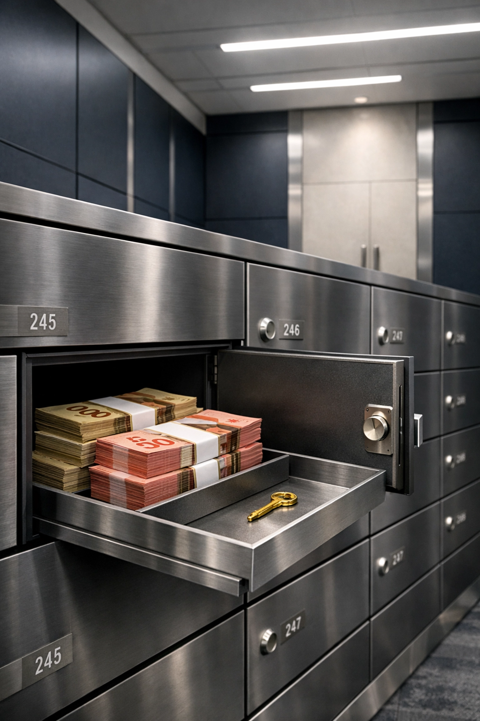 Secure savings vault with Canadian currency for first-time home buyer down payment funds