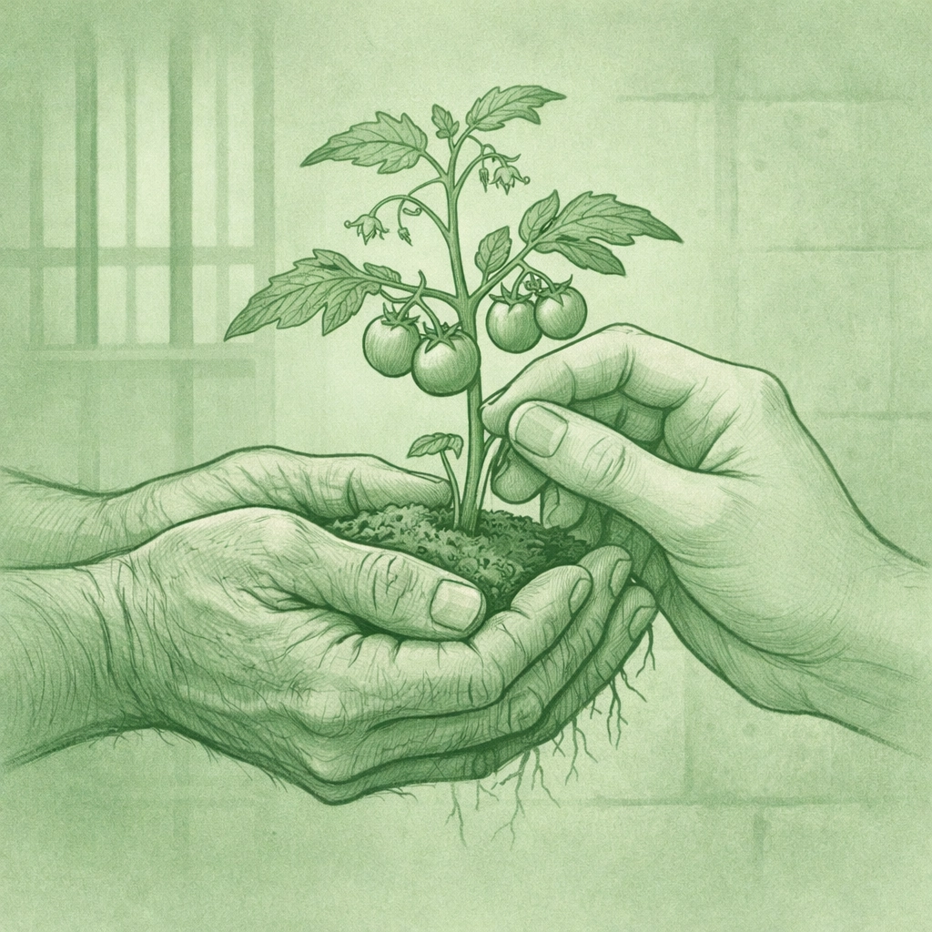 Male hands tenderly holding tomato plant in prison garden - gay romance fiction