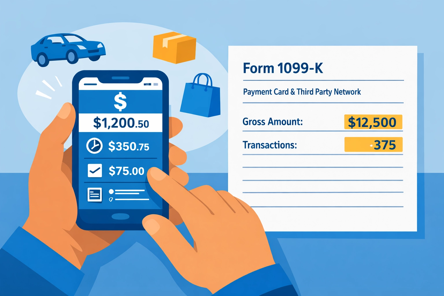 Smartphone displaying gig economy app with 1099-K tax form for side hustle income