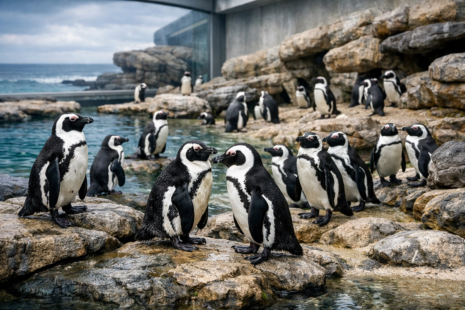A colony of African Penguins in an aquarium habitat used for high-quality digital media campaigns.