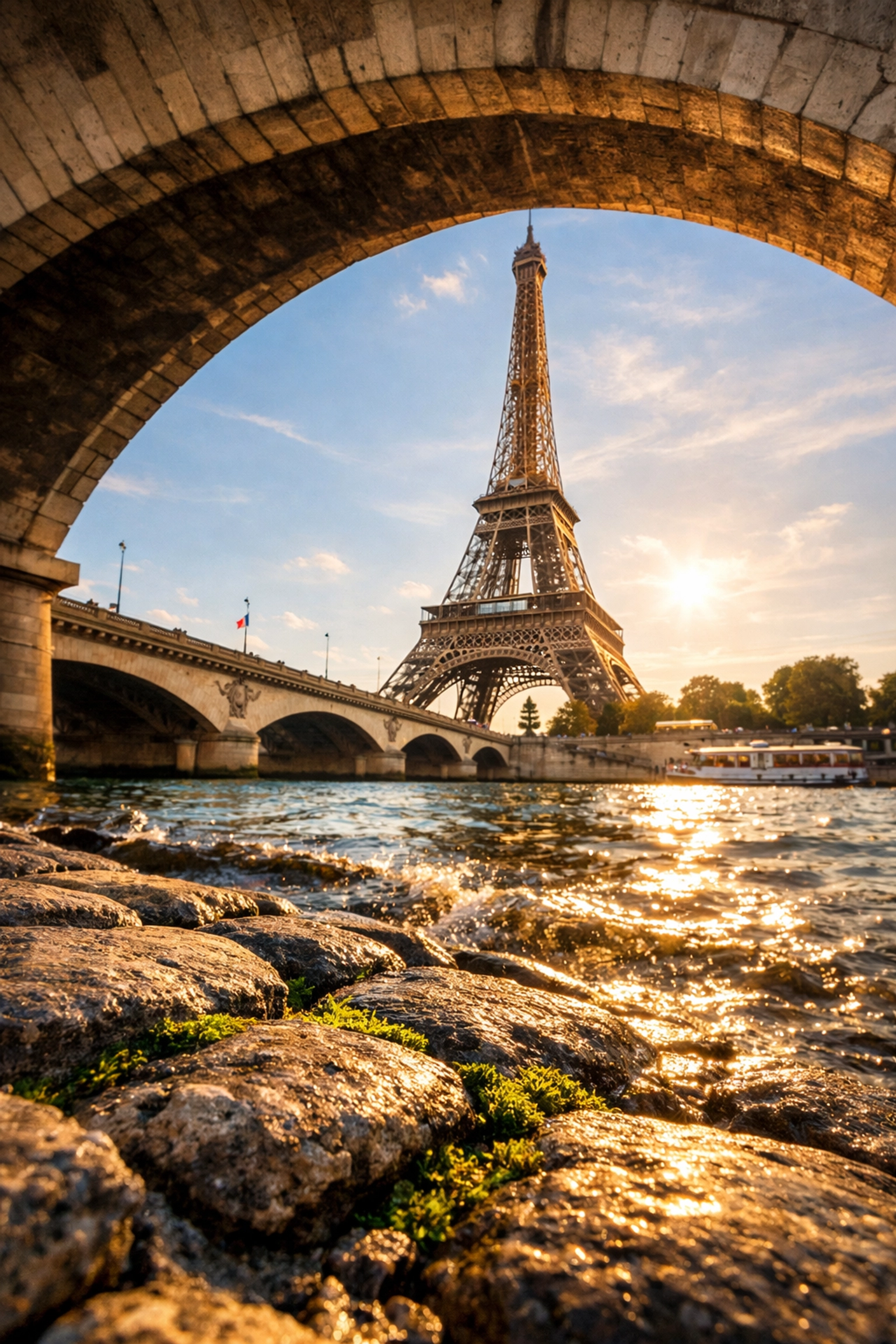 Creative low-angle shot of the Eiffel Tower from the Seine riverbank, offering travel photography tips.