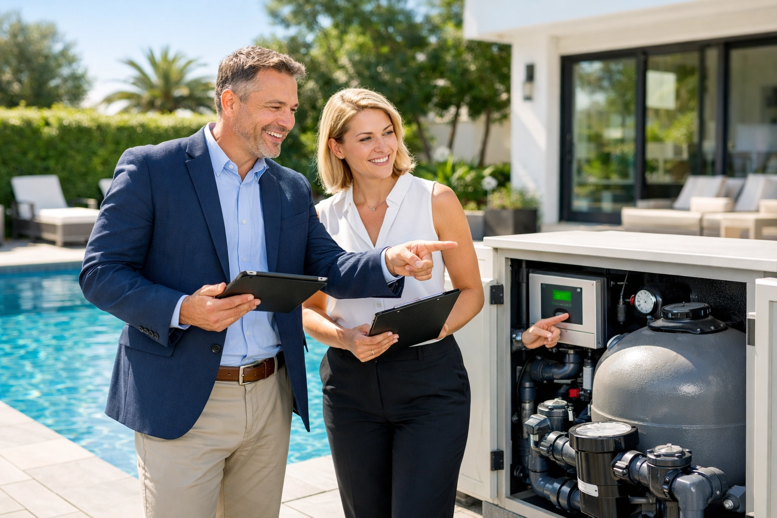 Business broker and seller discussing pool equipment during a successful route handoff.
