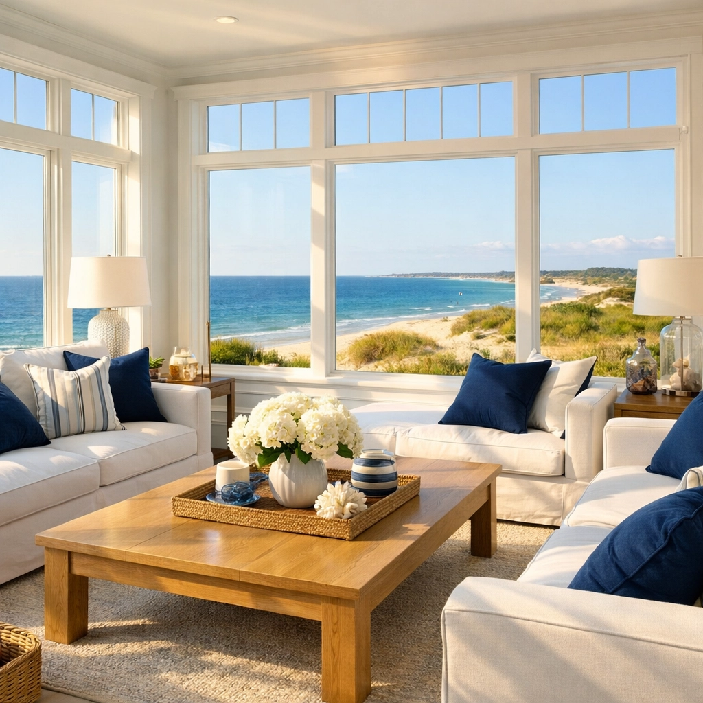 Clean coastal living room in Mashpee with an immaculate view of the Atlantic coastline.