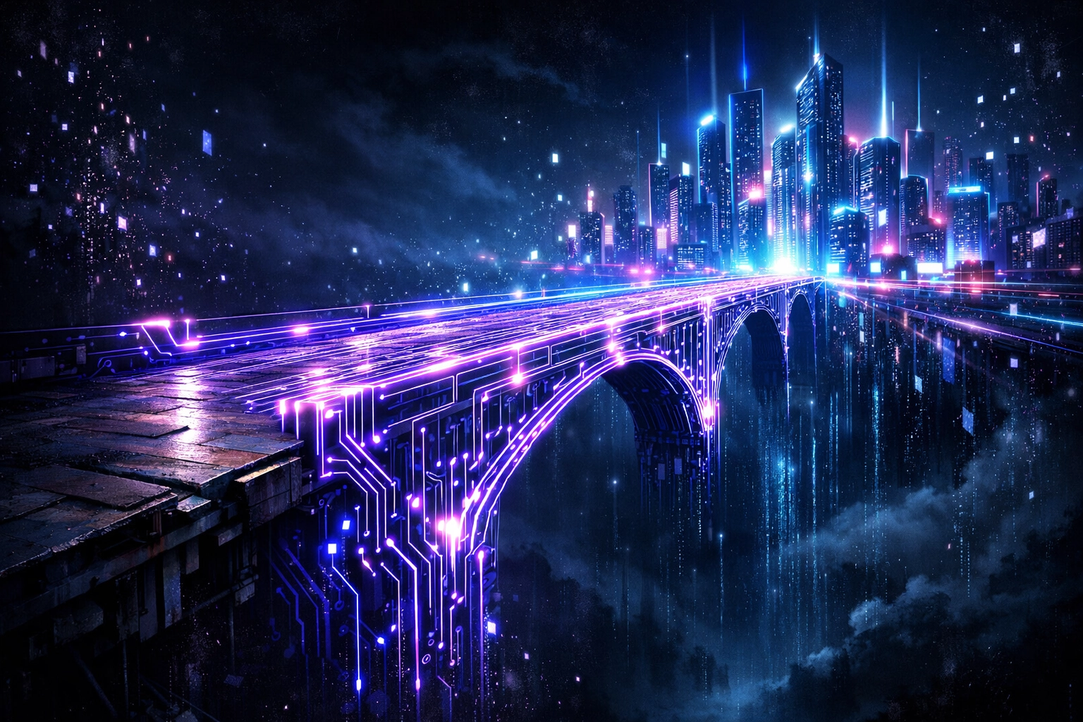 Neon circuit bridge spanning the campus-to-career gap toward a futuristic city using AI assessments.