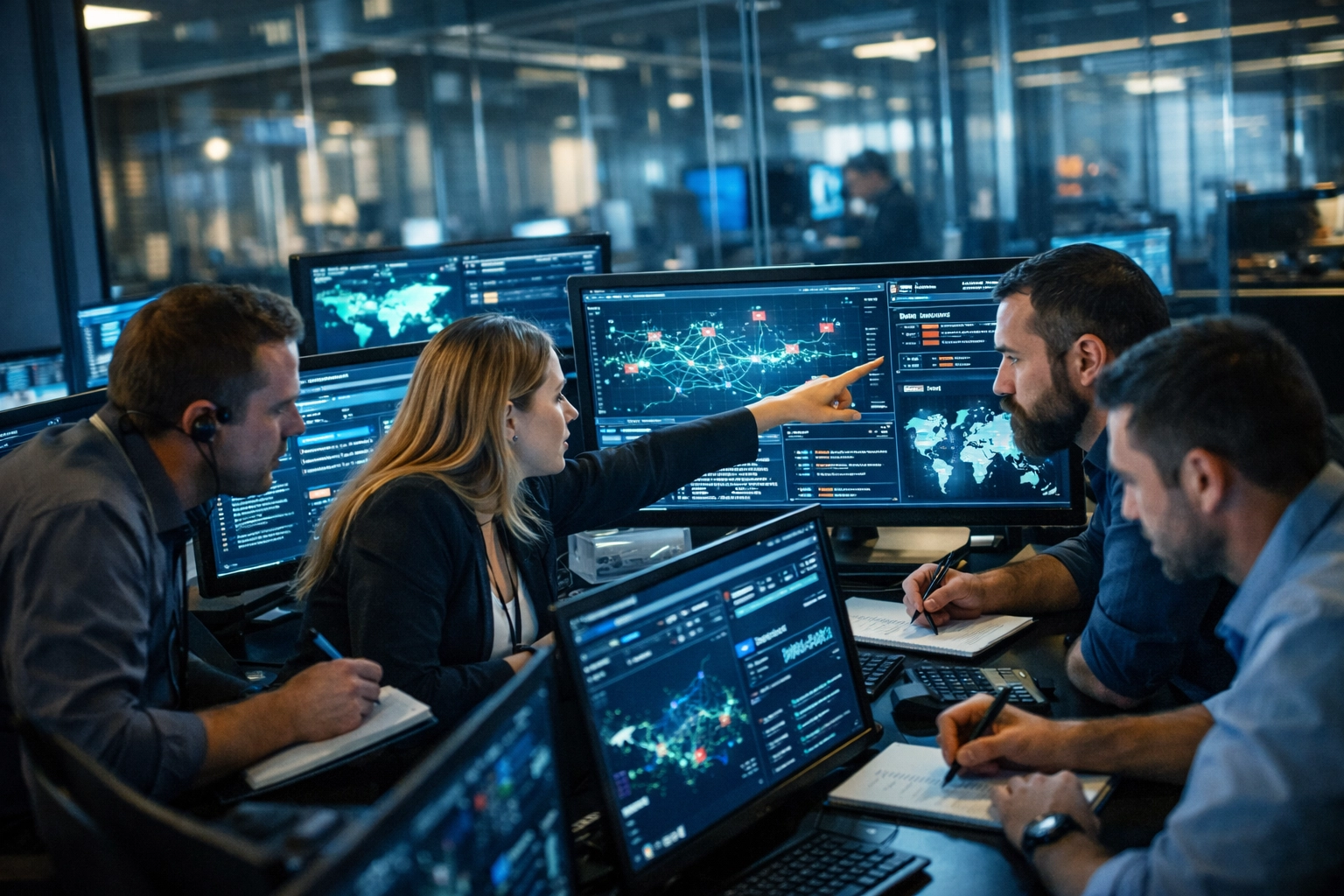 Cybersecurity professionals working together in SOC pod with security monitoring screens
