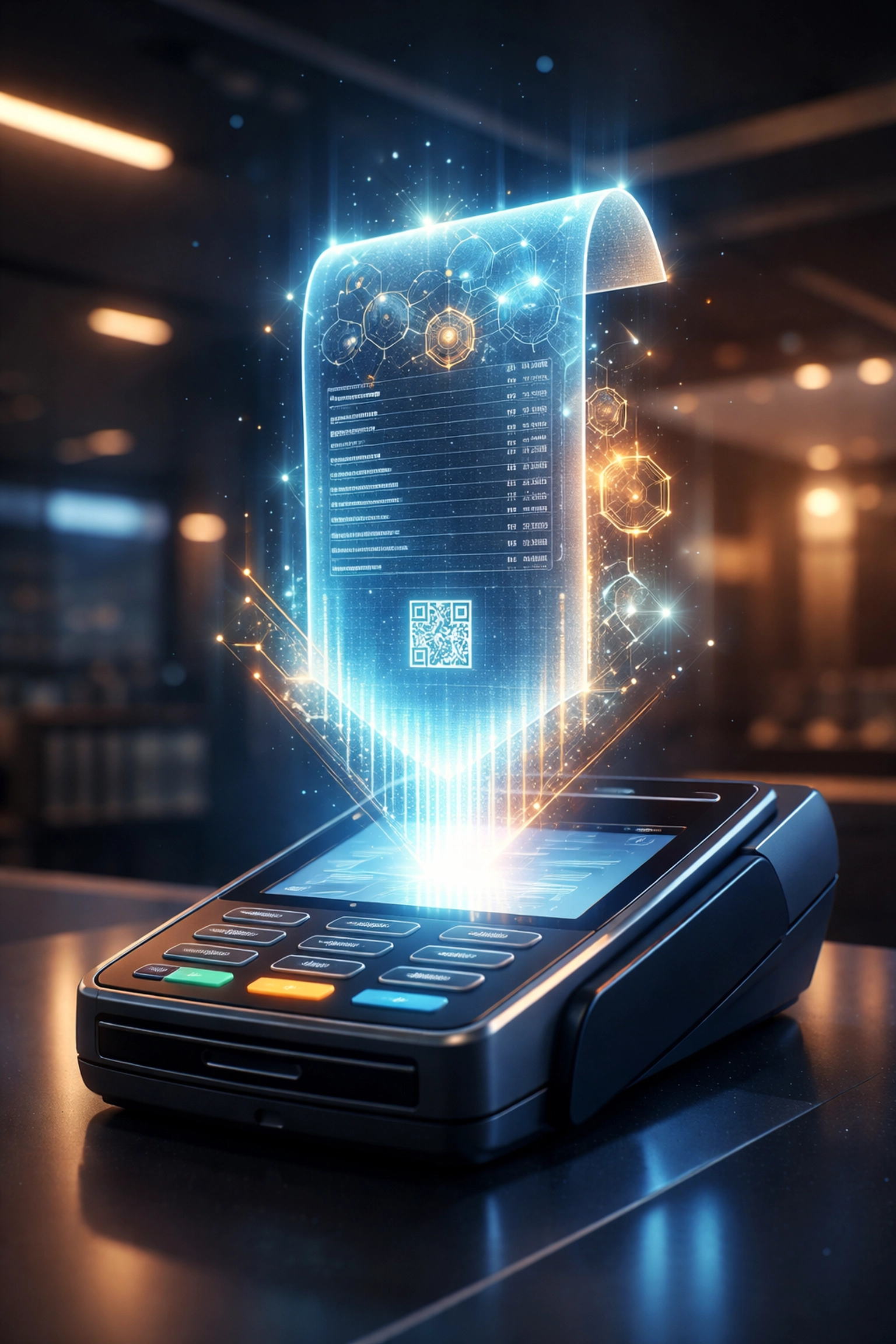 Holographic NFT receipt displayed above a POS terminal, symbolizing secure blockchain payment for small business.