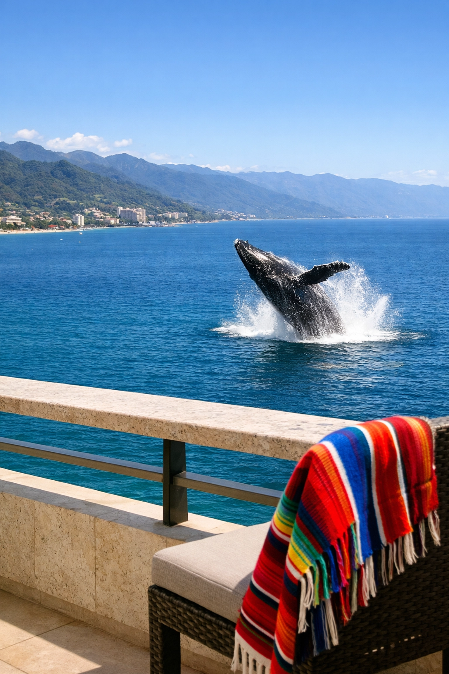 Humpback whale breaching in Banderas Bay seen from one of our high-floor puerto vallarta condo rentals.