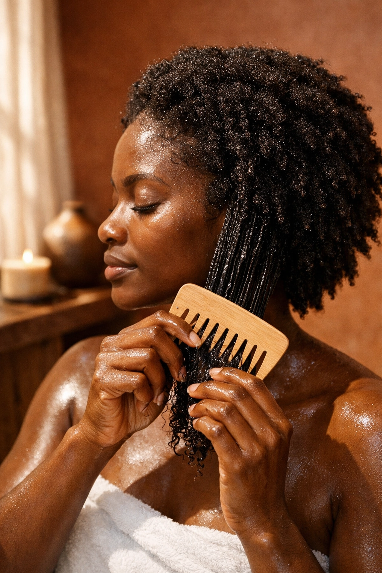 Woman with 4C coils using a wide-tooth comb to gently detangle her natural hair from tips to roots.