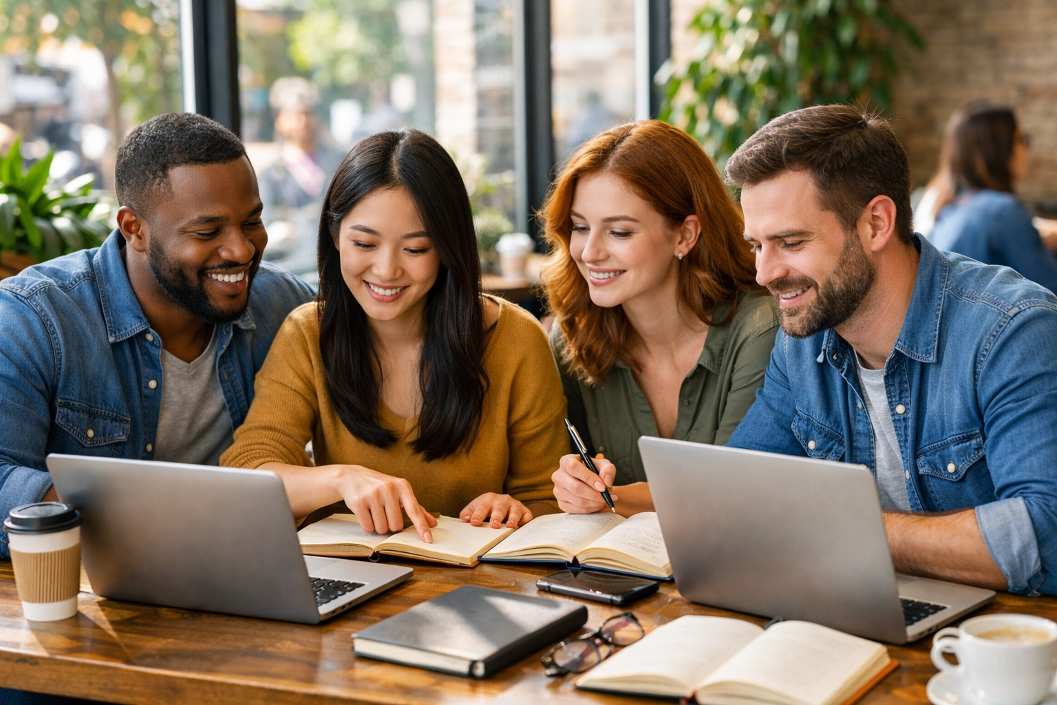 Adult students studying together for DSST exams with flexible schedule and collaborative learning