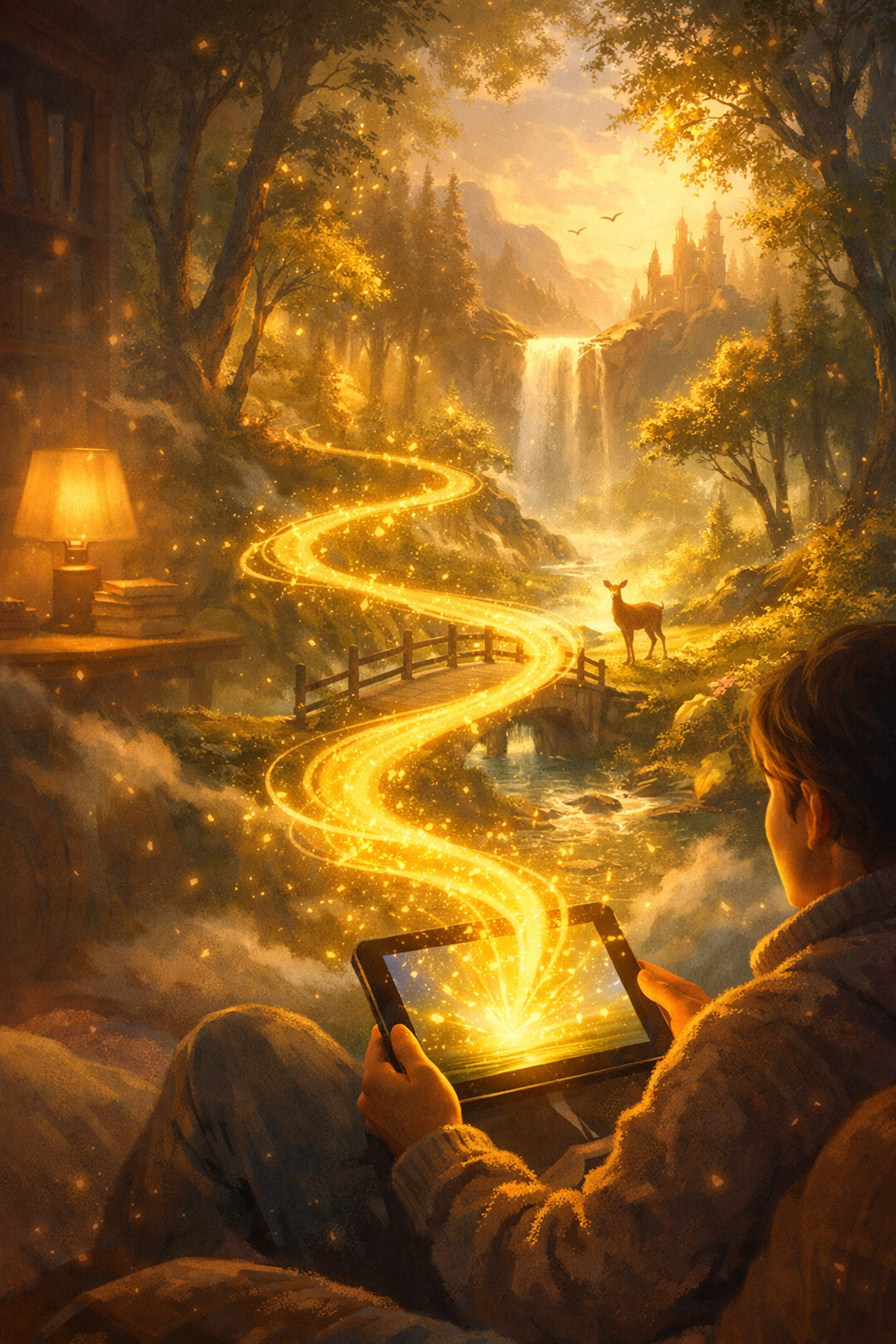 A person using a tablet with a glowing path, symbolizing the power of storytelling in audience engagement.