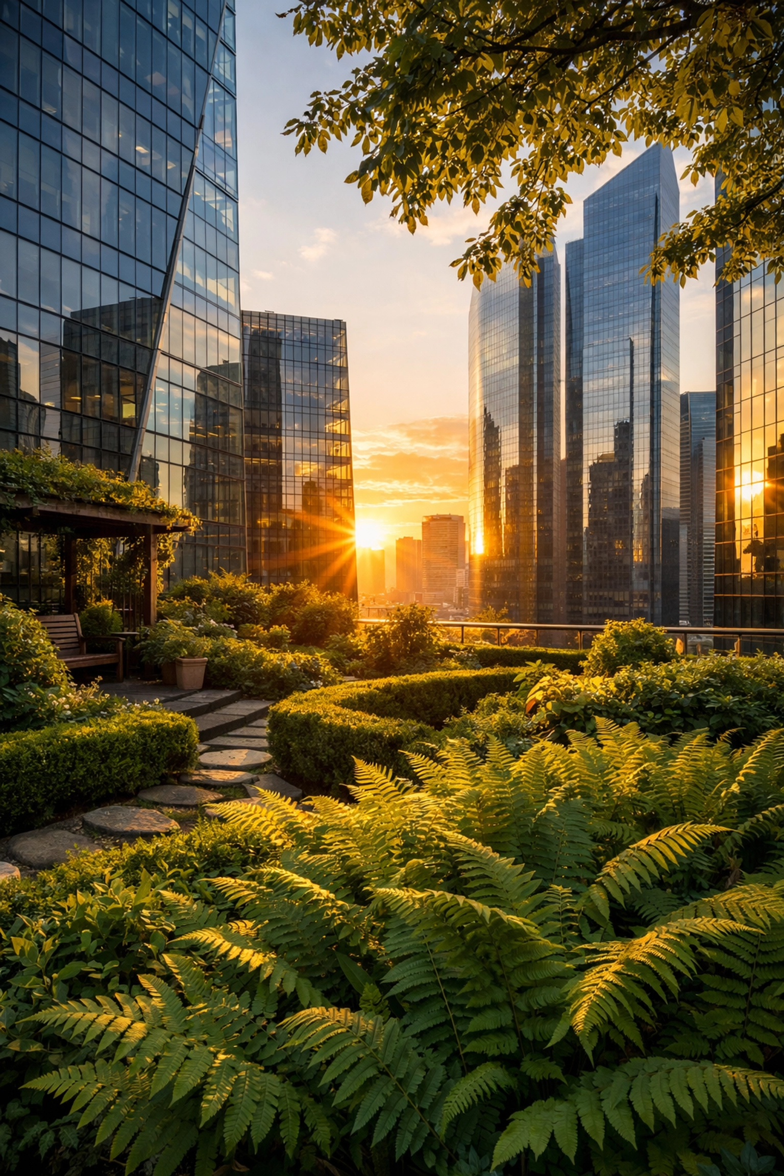 Secret rooftop garden amidst city skyscrapers, a unique hidden photo spot for urban nature photography.