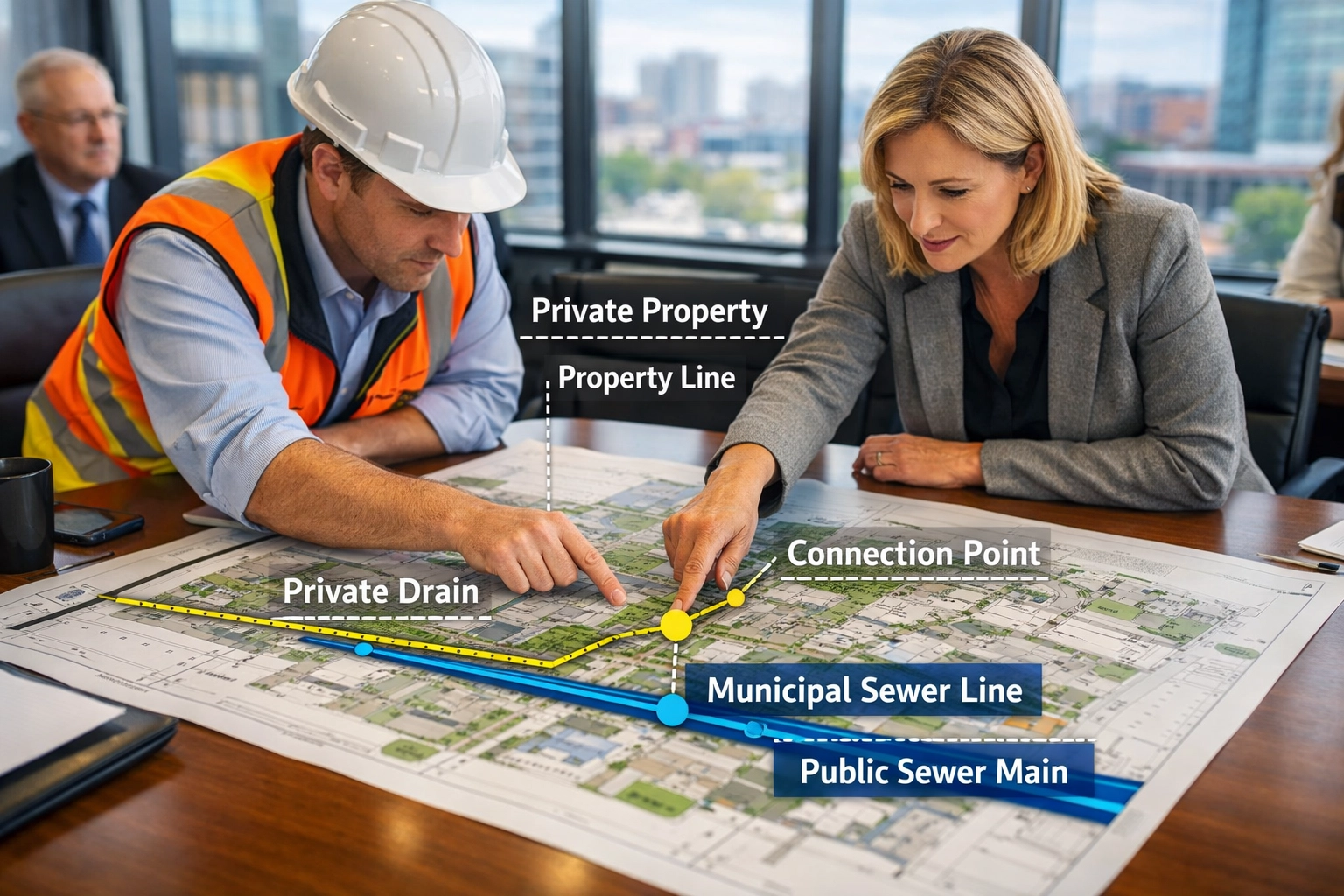 Civil engineer and municipal planner reviewing an Ontario site servicing plan in a professional boardroom.
