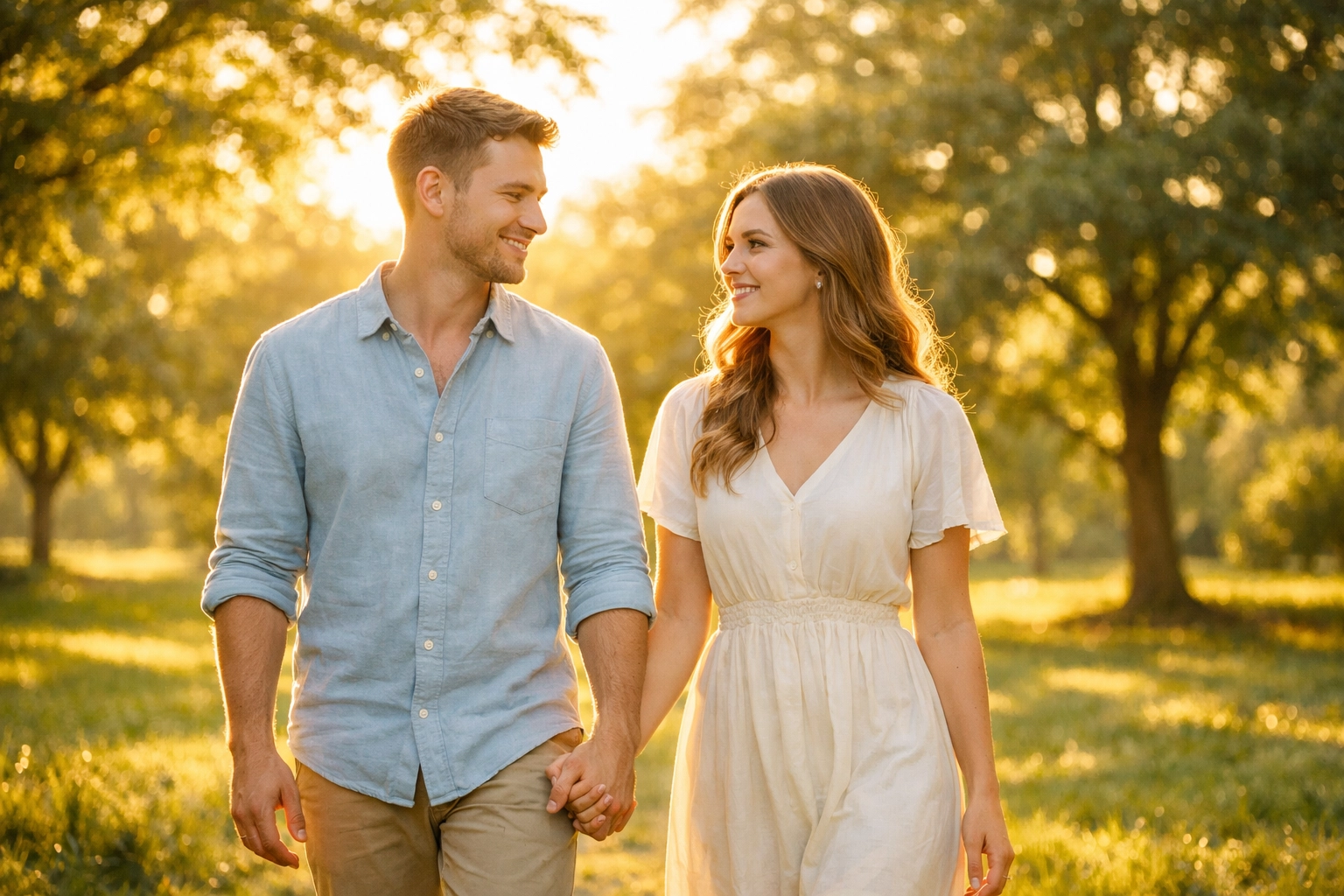 Couple walking in a sun-lit park, reflecting the fruit of spiritual growth in Christ.