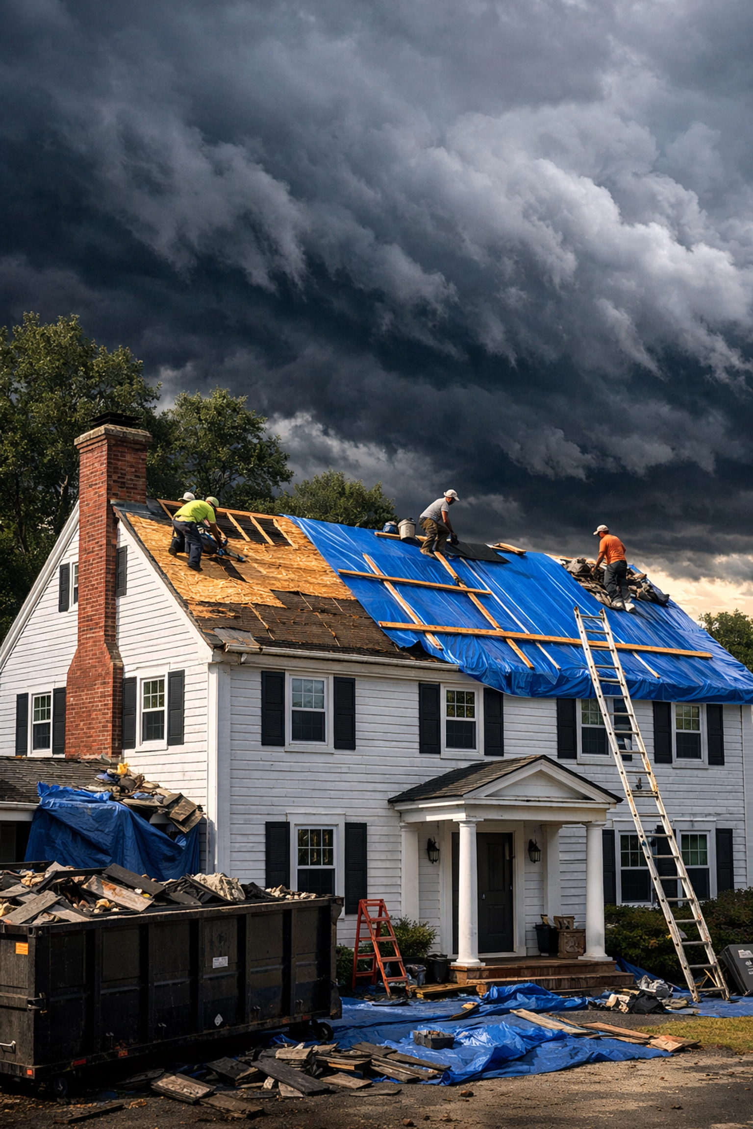 Connecticut roof replacement under storm clouds, demonstrating the high-stakes need for specialized roofer insurance.