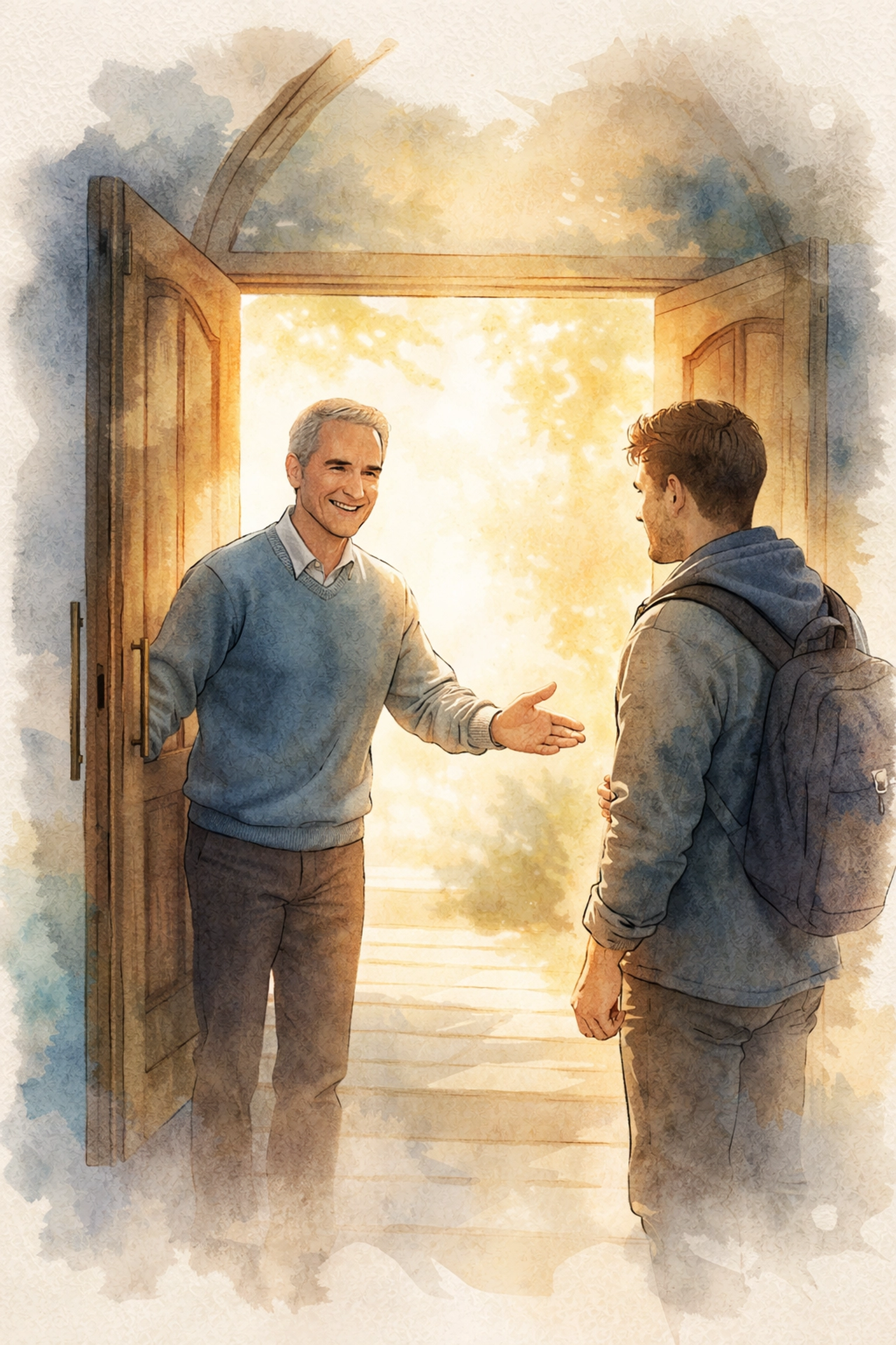 Church greeter extending a warm welcome to a hesitant visitor at the door, symbolizing safety and connection.