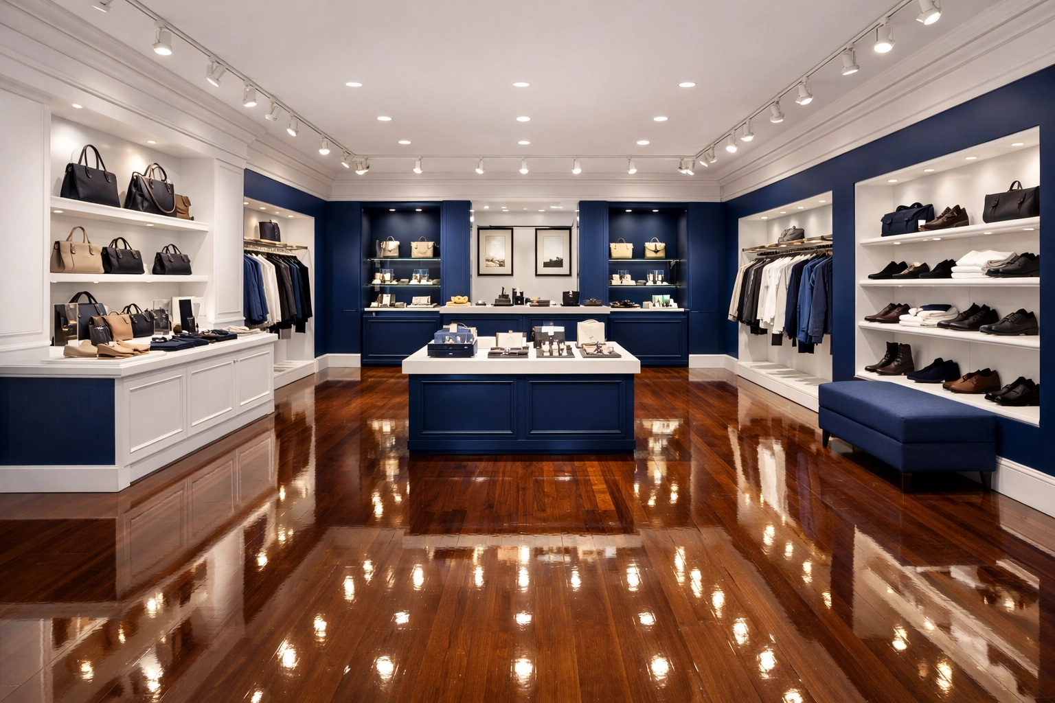 Spotless retail boutique in Abington featuring polished hardwood floors and corporate blue decor.