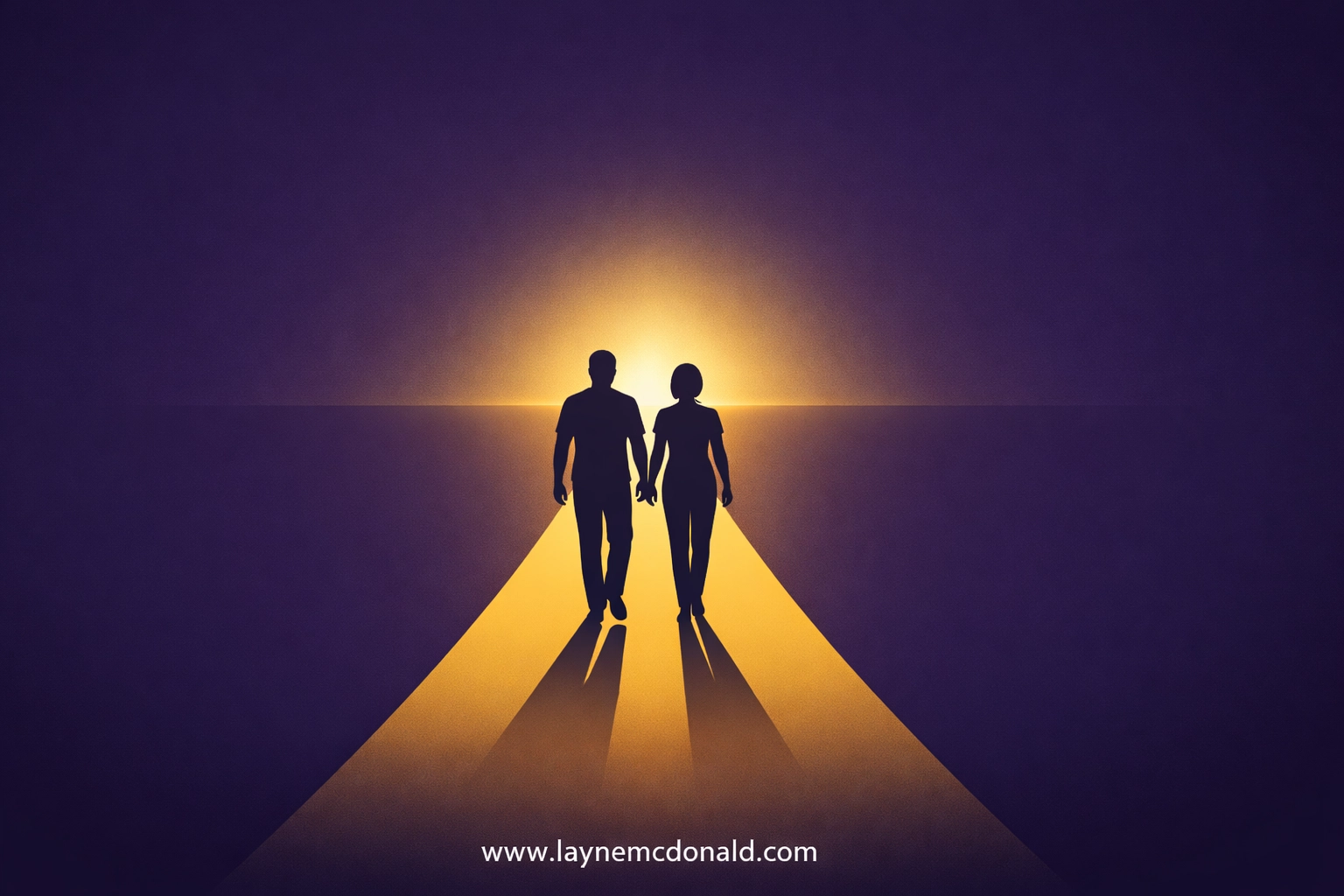 Two silhouettes walking on a golden path of light symbolizing digital integrity and accountability partnership.