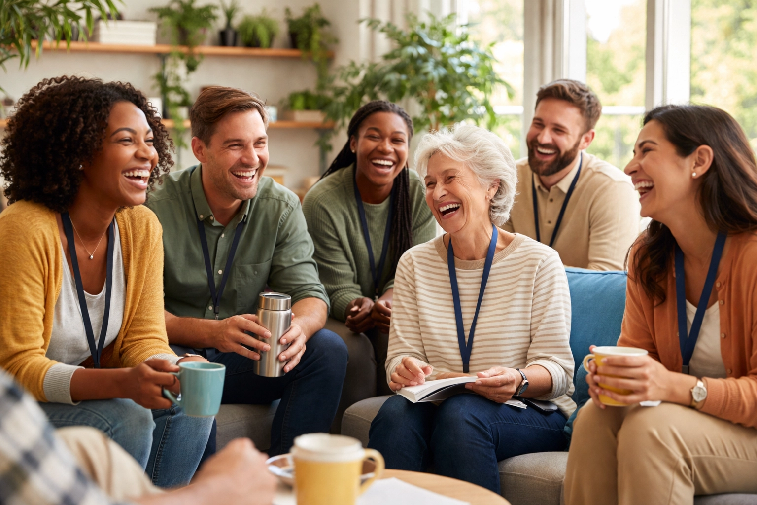 Diverse educators relaxing together in a bright staff lounge, highlighting community wellness and connection.