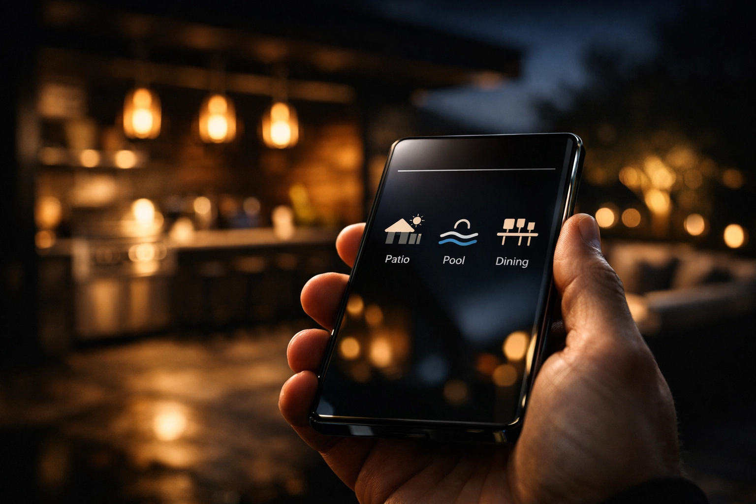 Smart handheld device controlling a custom home audio installation for backyard entertaining.