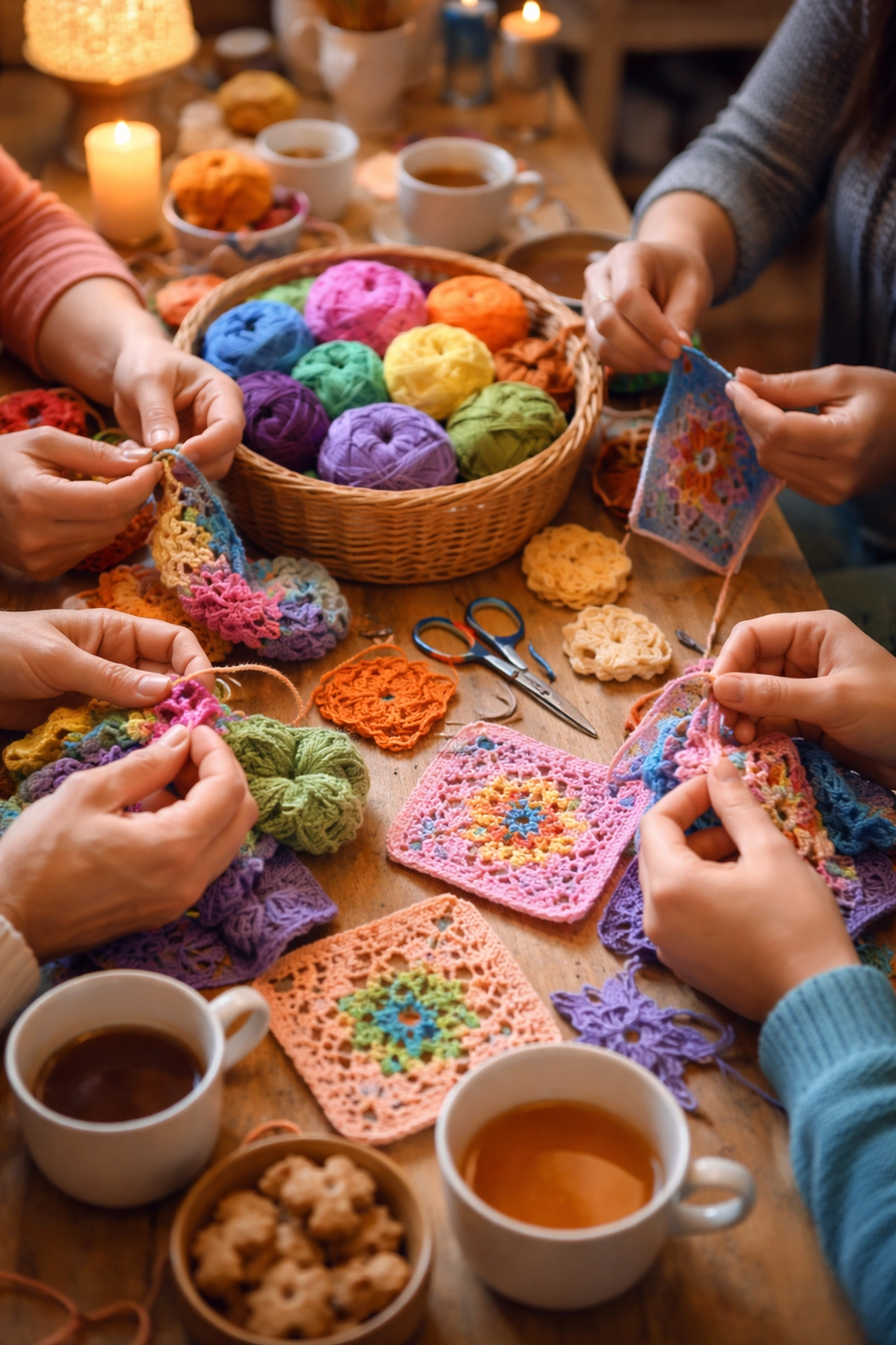 Hands from many people crocheting together at a colorful, LGBTQ-friendly craft circle meetup