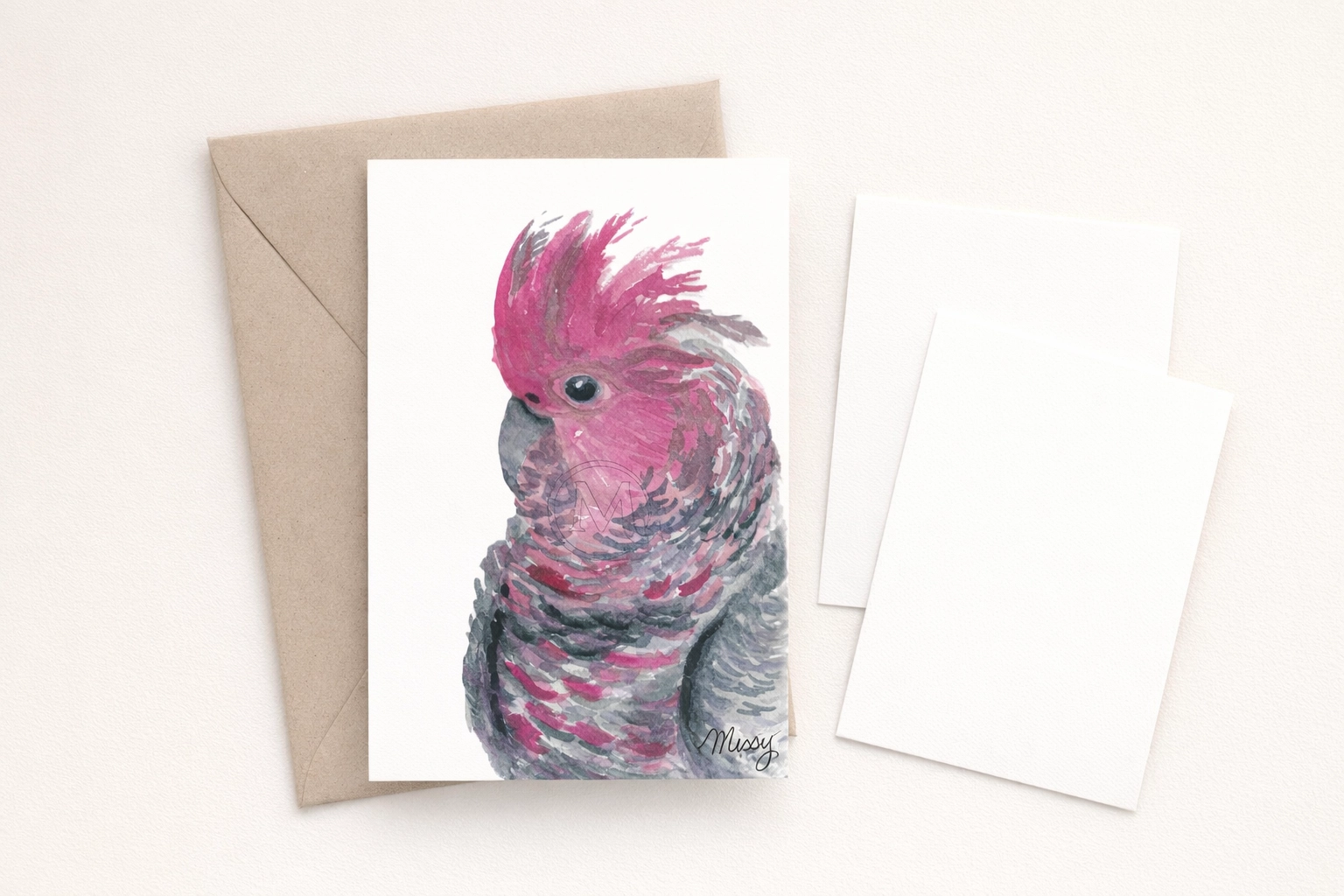 Major Mitchell’s Cockatoo exclusive print set by Missy (with watermark), styled flat-lay with card and envelope