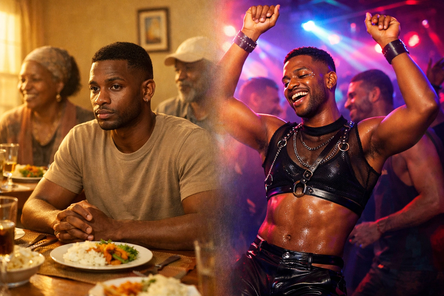 Black gay man code-switching between family dinner and London nightclub