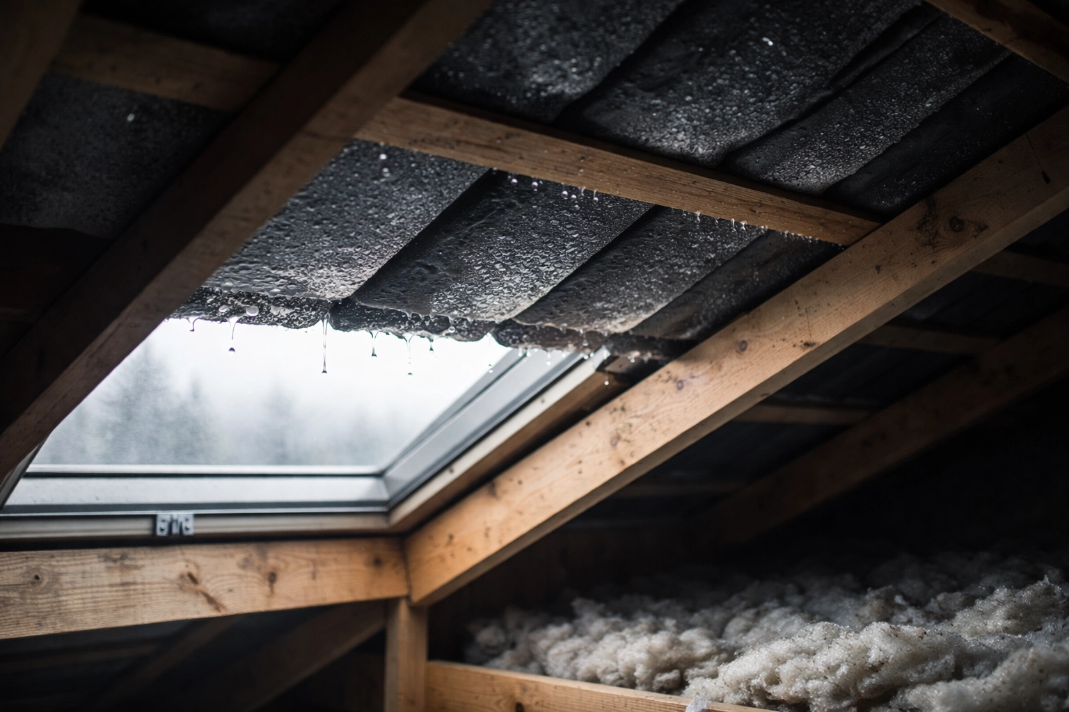 Damp attic in a Belfast home showing condensation on roof timbers, highlighting need for ventilation
