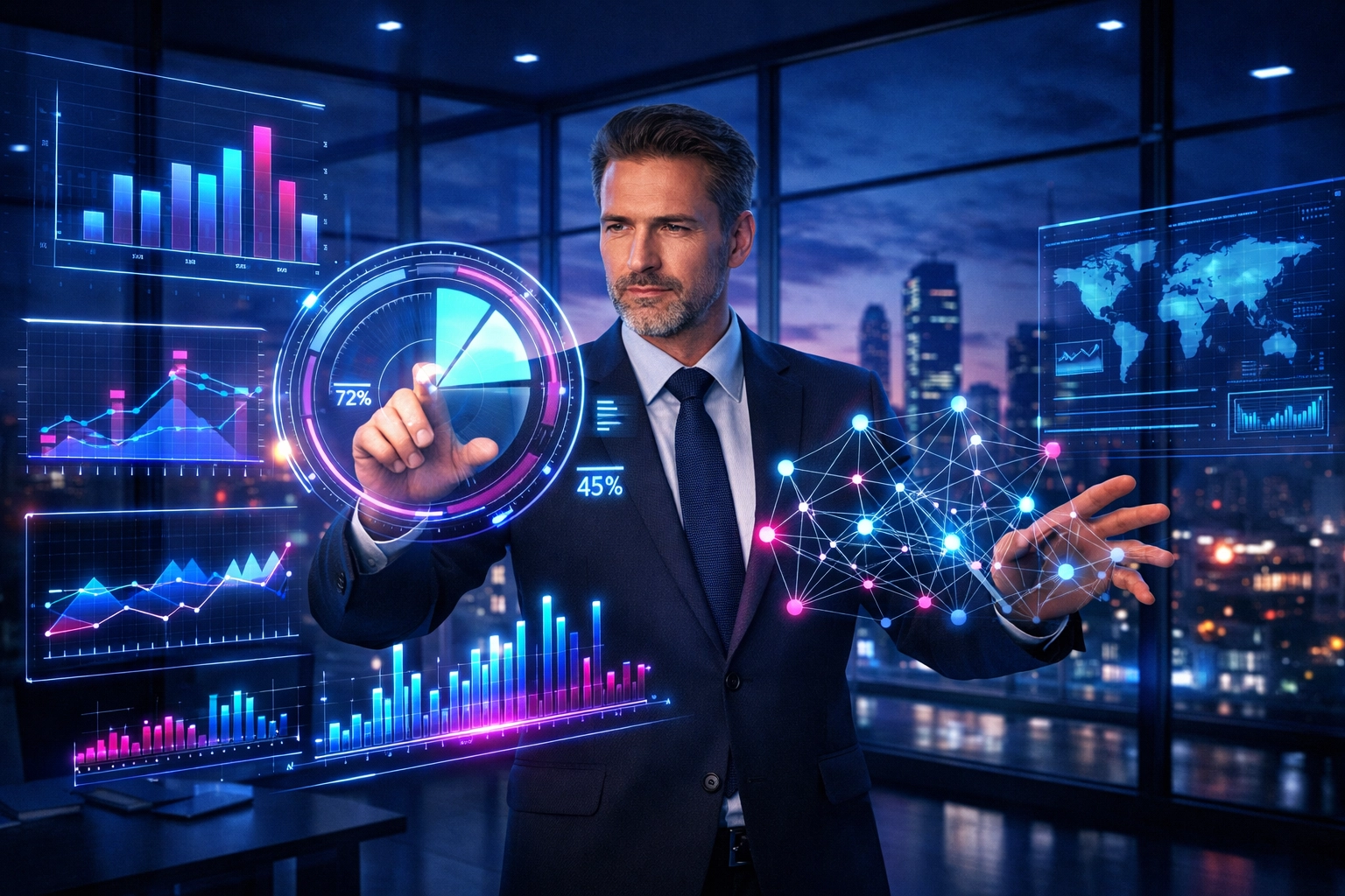 Controller arbeitet mit interaktiven 3D-Datenvisualisierungen für prädiktives Controlling.