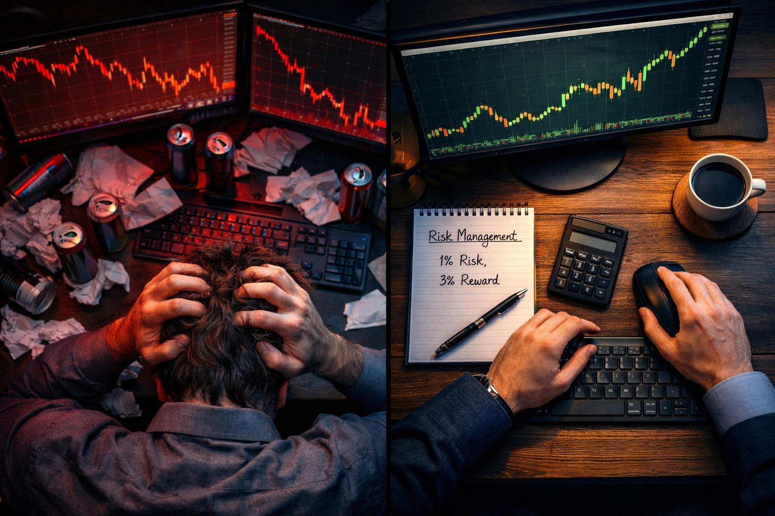 Chaotic trading desk with losses versus organized desk with calculated risk management and profitable trades
