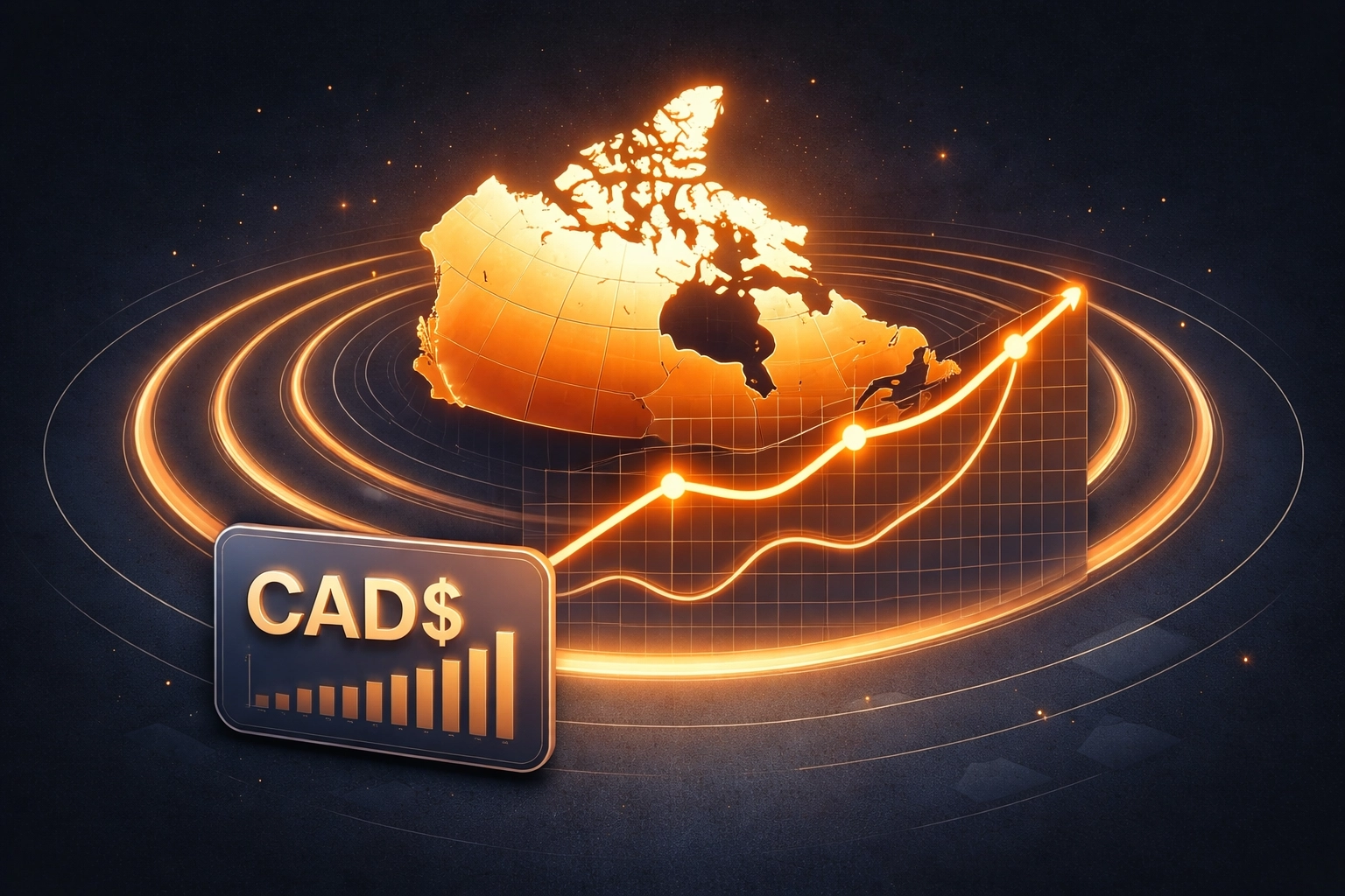 Canada map with financial chart overlay and ripple waves, symbolizing market uncertainty (no people)