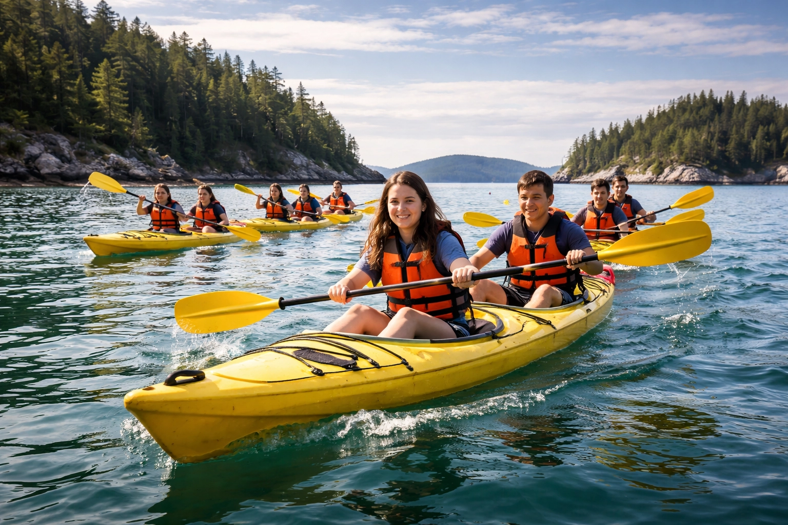 Students kayaking in the San Juan Islands with forested islands and Pacific Northwest scenery in the background