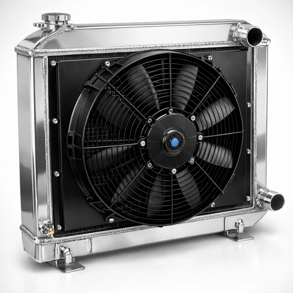 Polished aluminum off-road radiator and electric fan for classic Ford Bronco engine cooling.