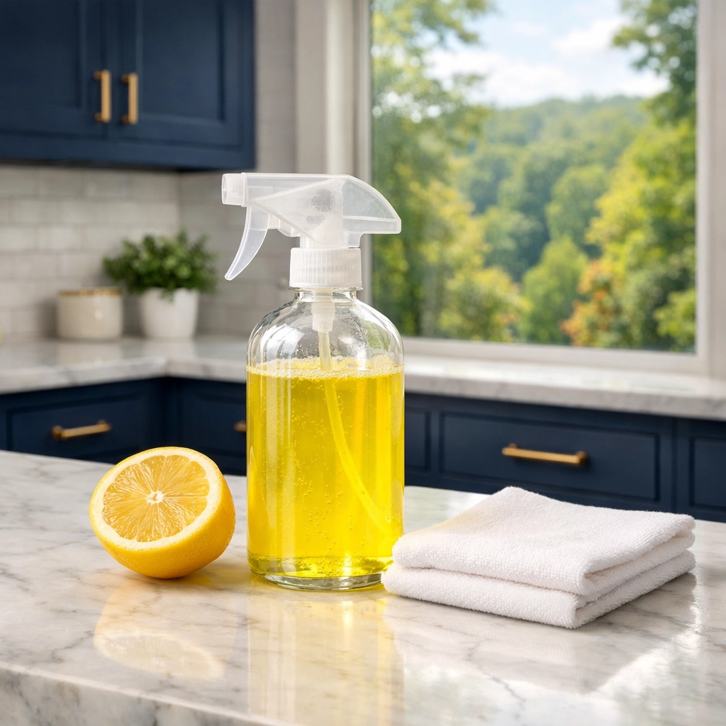 Natural residential cleaning in Leominster MA using eco-friendly products in a modern kitchen.