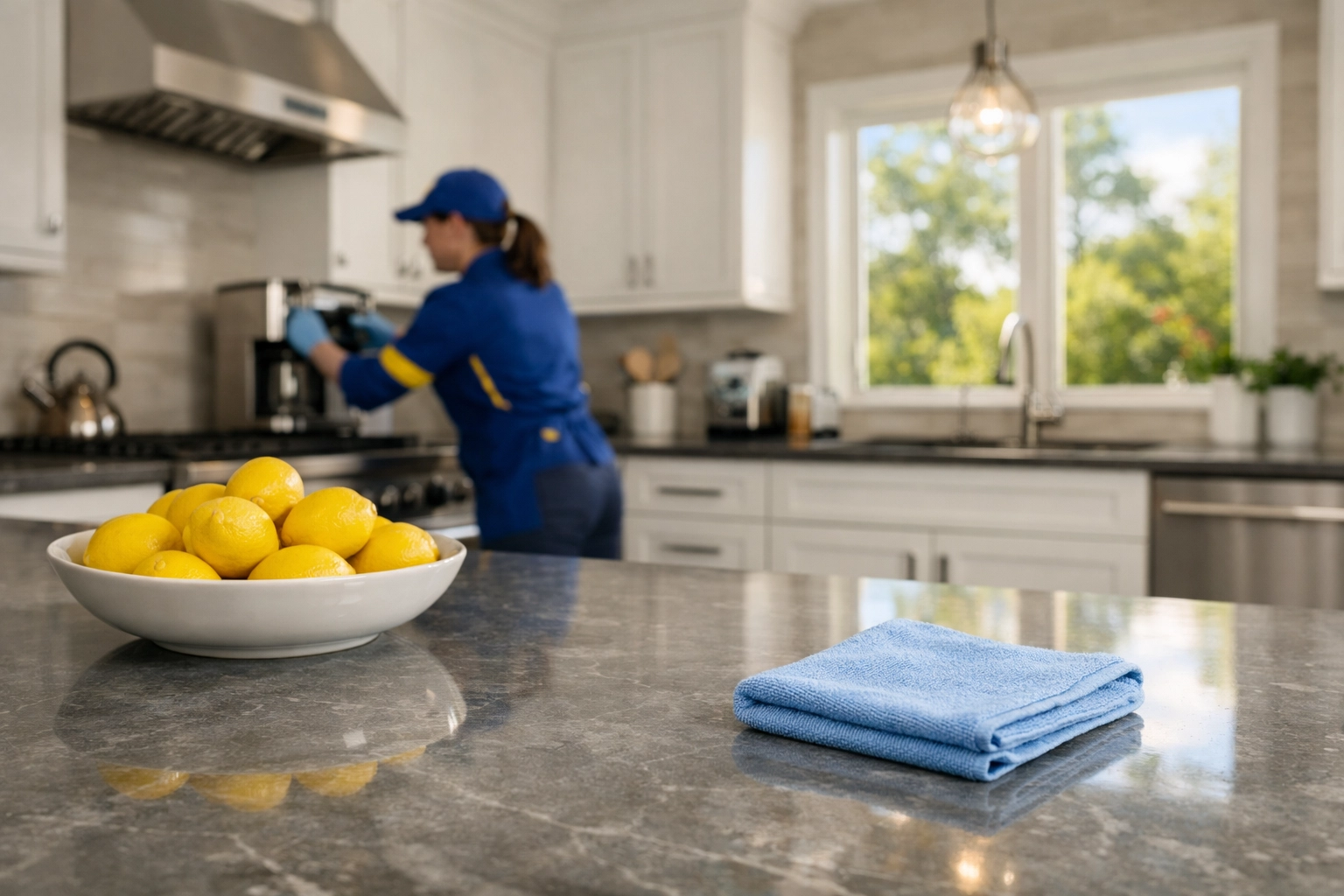 Professional deep cleaning Natick MA service sanitizing a modern kitchen and marble countertops.